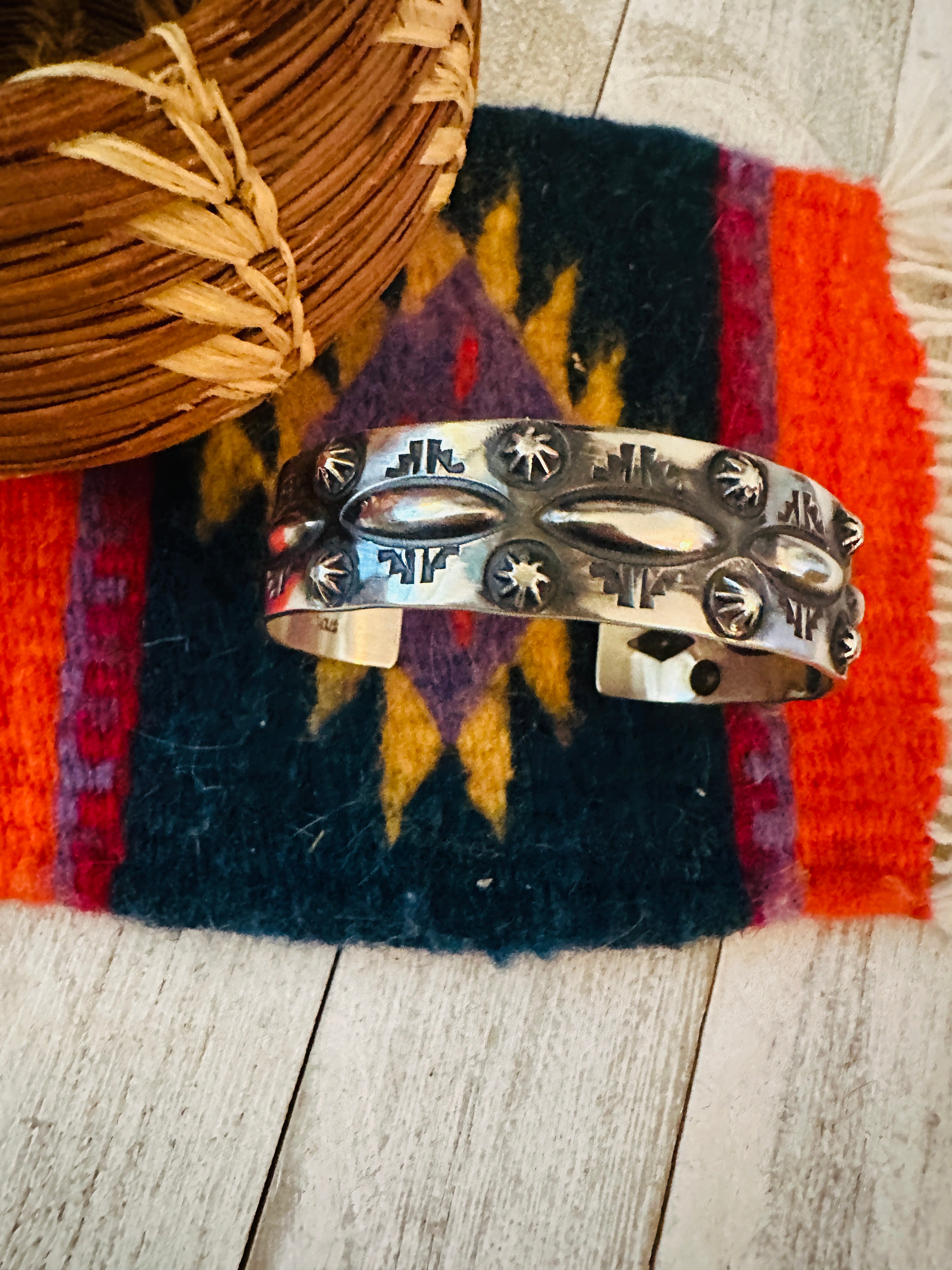 Navajo Hand Stamped Sterling Silver Cuff Bracelet By Elvira Bill