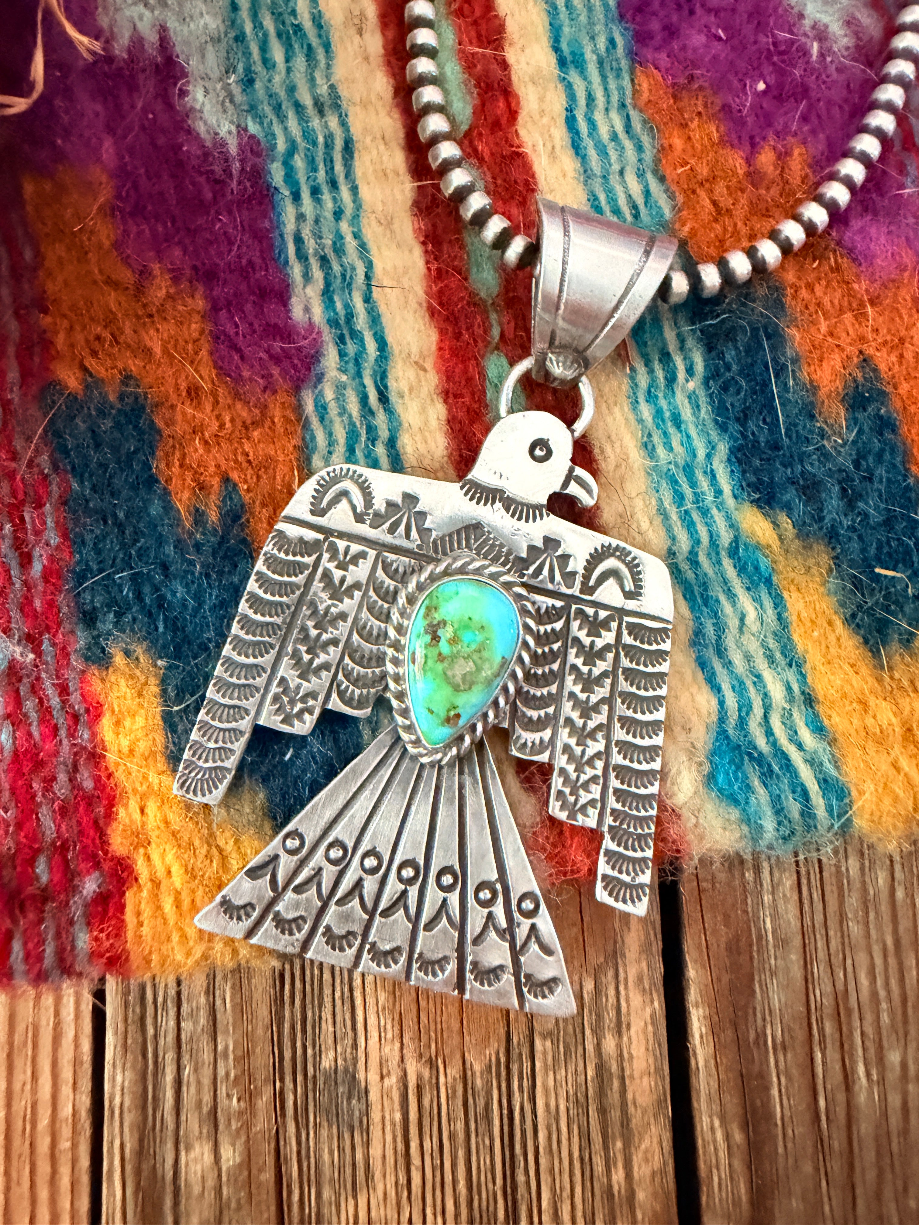 Handcrafted Sterling Silver & Turquoise Thunderbird Pendant by Leroy James