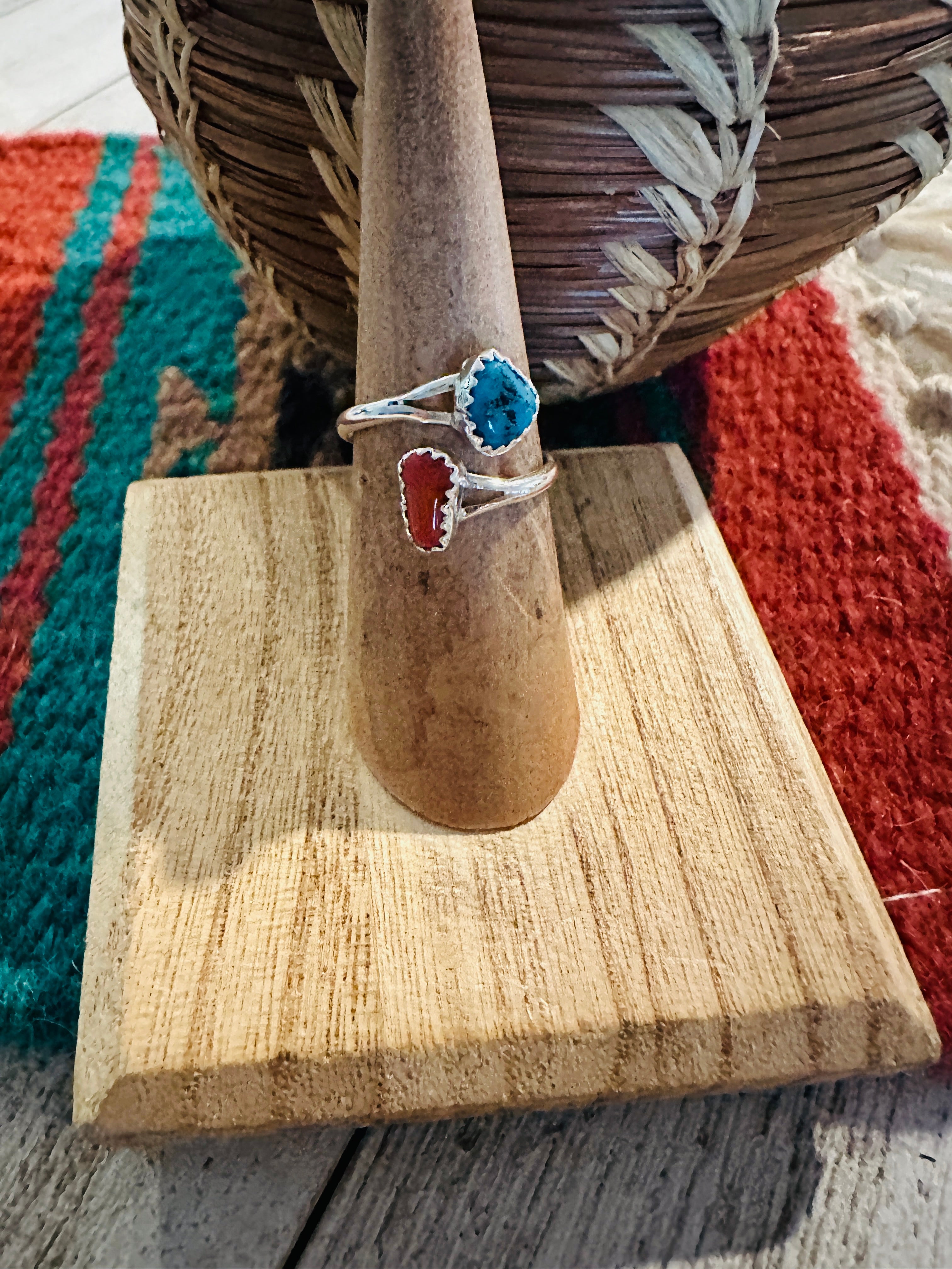 Navajo Sterling Silver, Coral & Turquoise Adjustable Rings