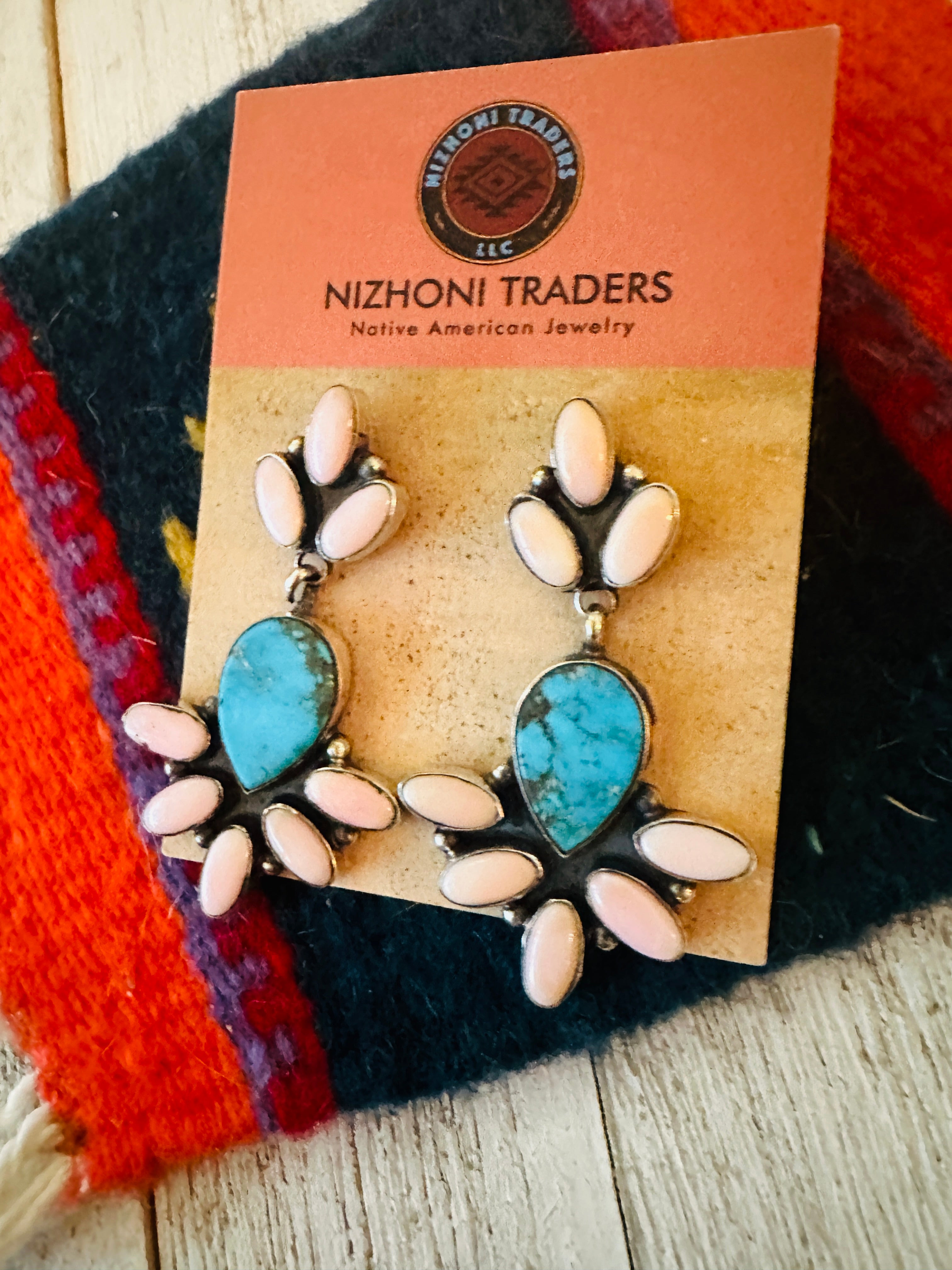 Navajo Queen Pink Conch, Turquoise & Sterling Silver Dangle Earrings