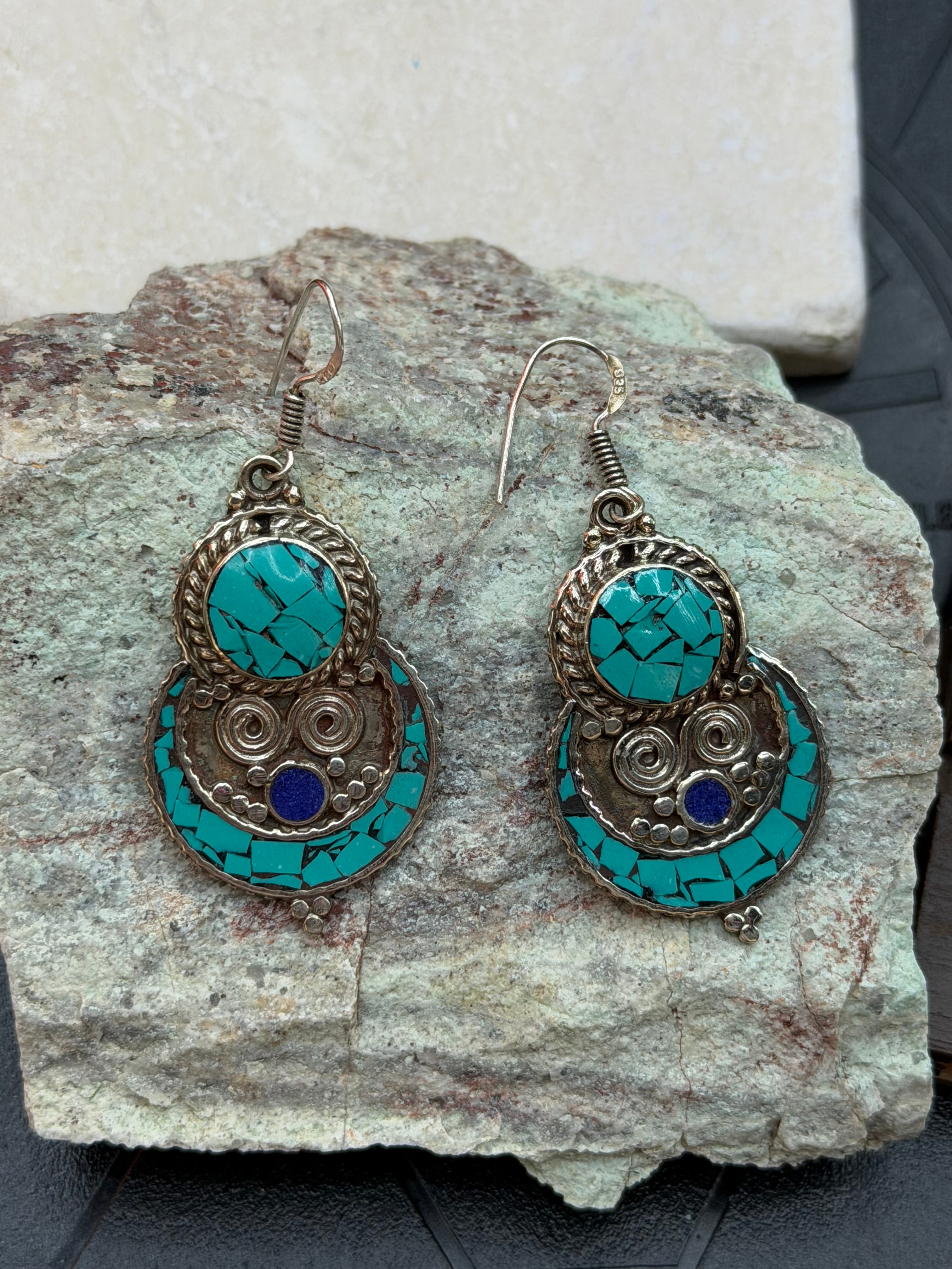 Southwestern Turquoise Mosaic & Lapis Statement Drop Earrings