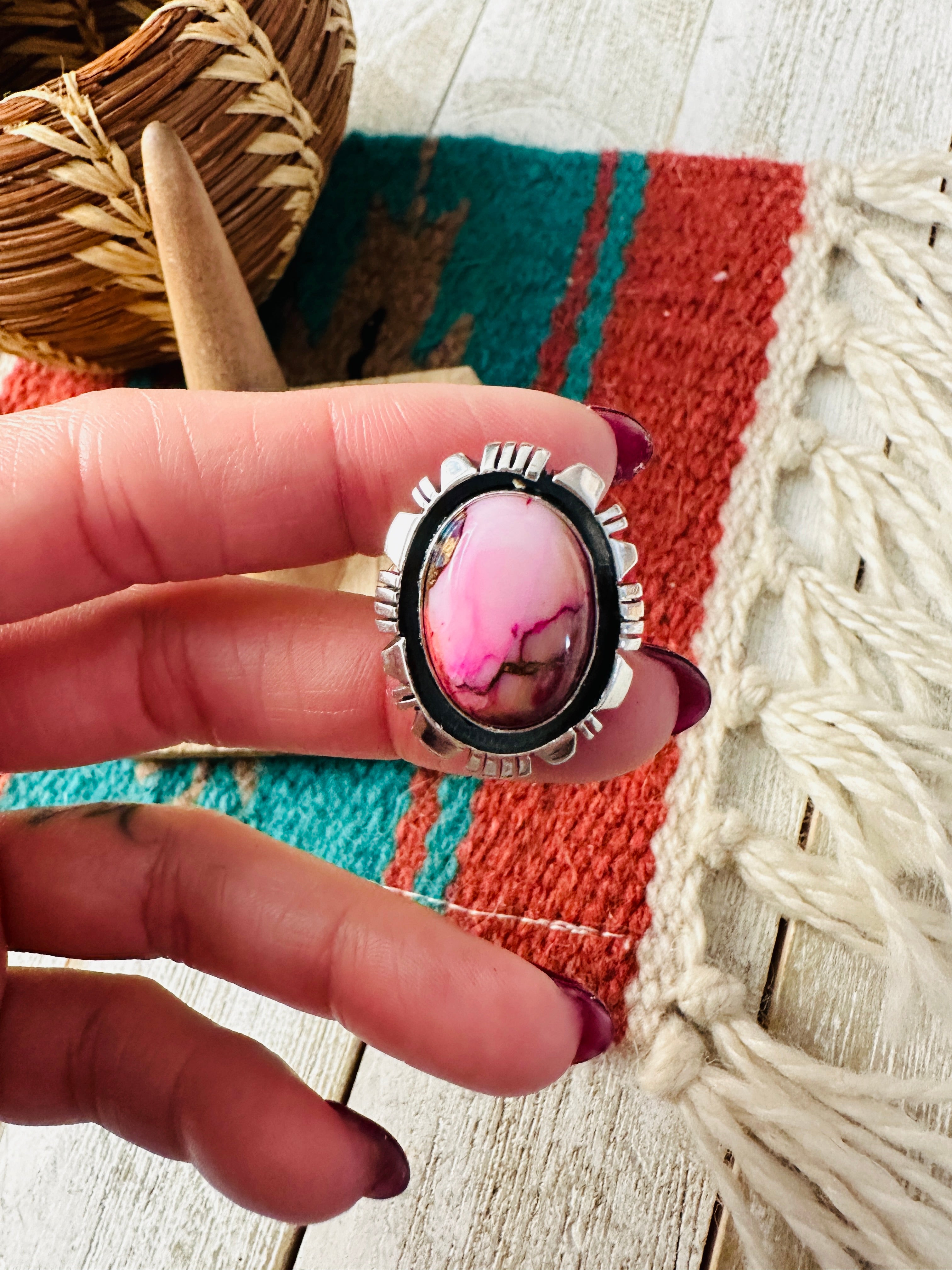 Navajo Sterling Silver & Pink Dream Mojave Adjustable Ring