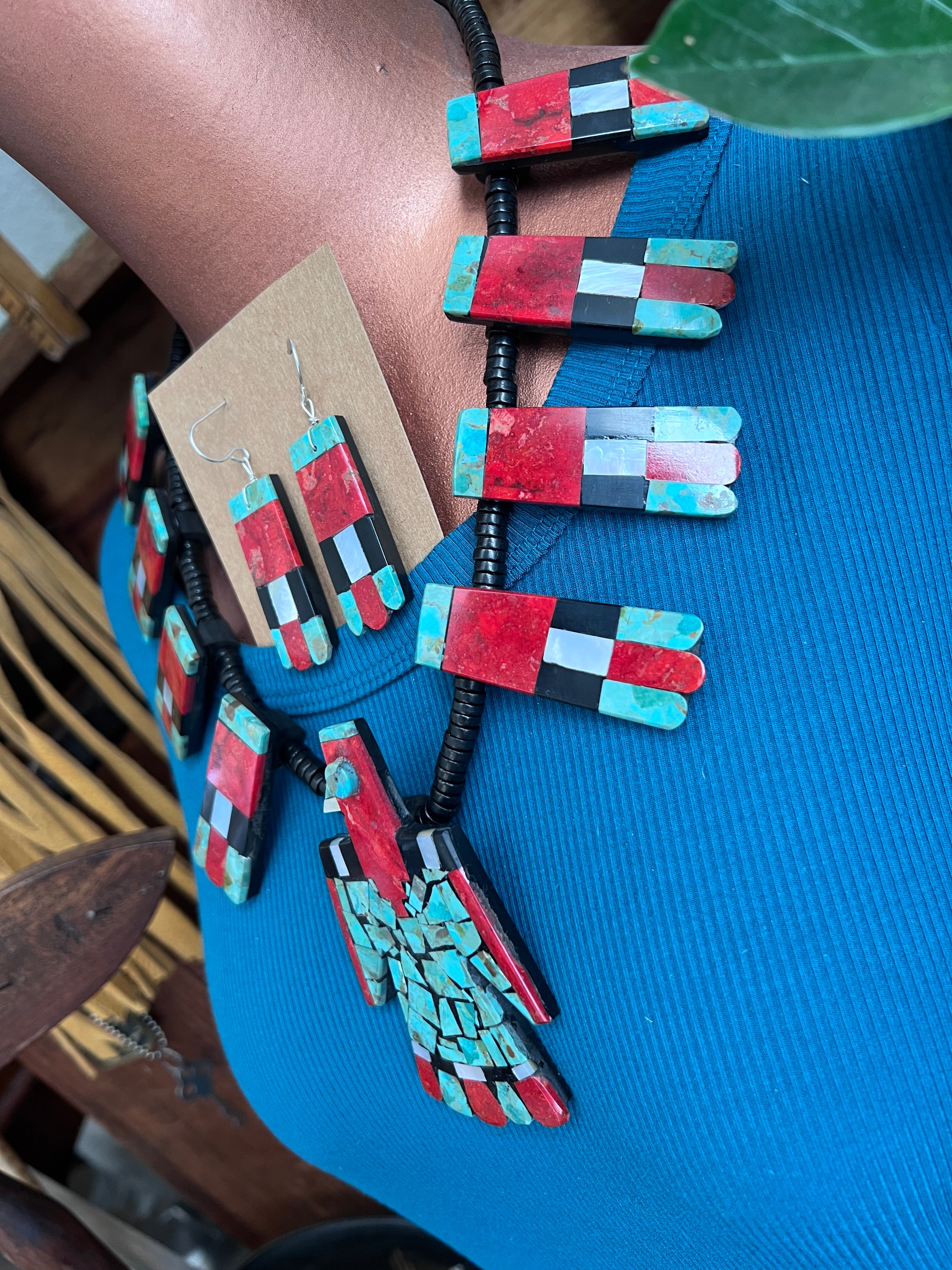 Handcrafted Inlay Turquoise and Apple Coral Thunderbird Tab Necklace & Earrings Set by Warren Nieto