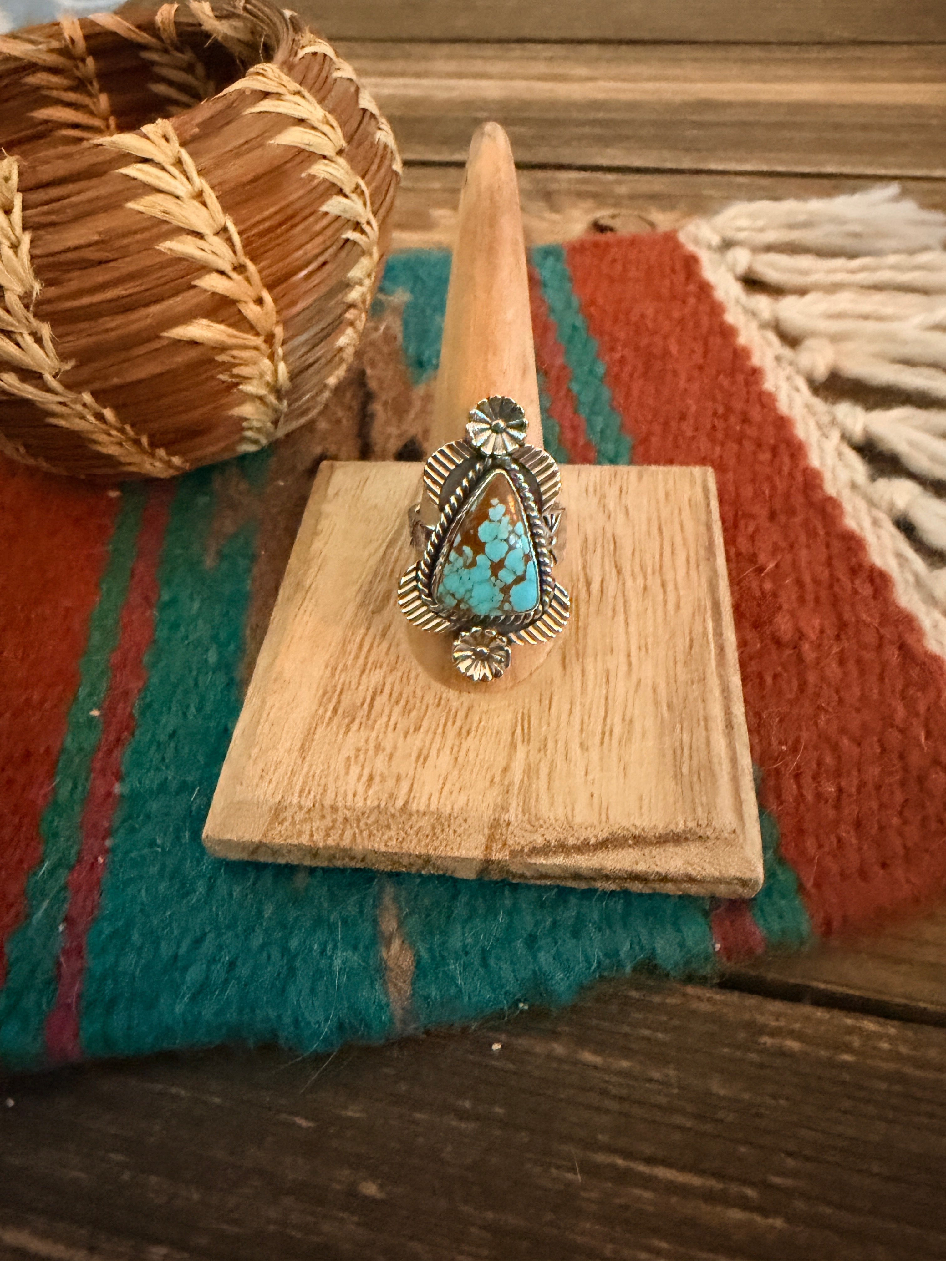 Handmade Sterling Silver Number 8 Turquoise Adjustable Ring Signed Nizhoni