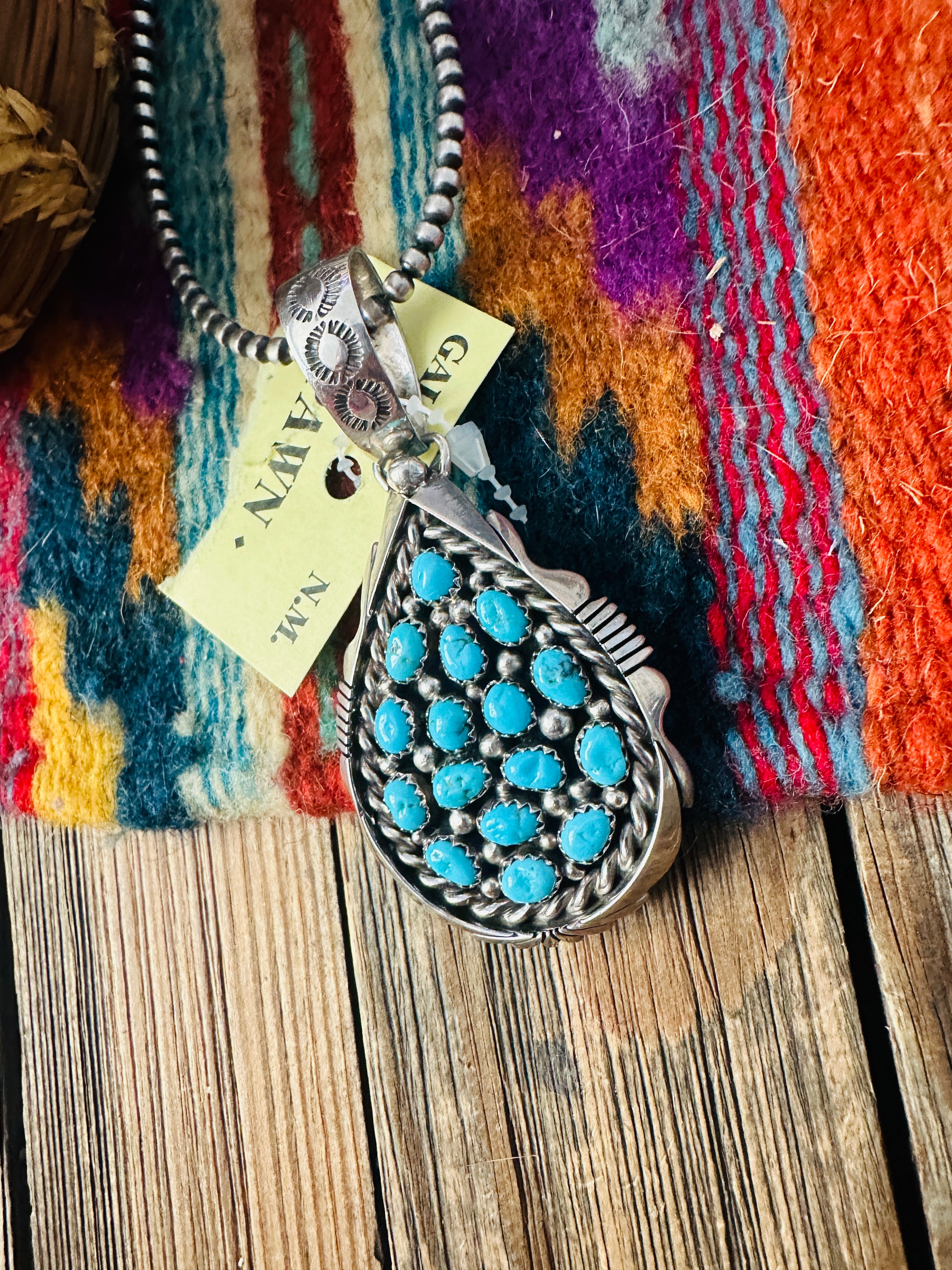Old Pawn Handcrafted Turquoise and Sterling Silver Cluster Pendant