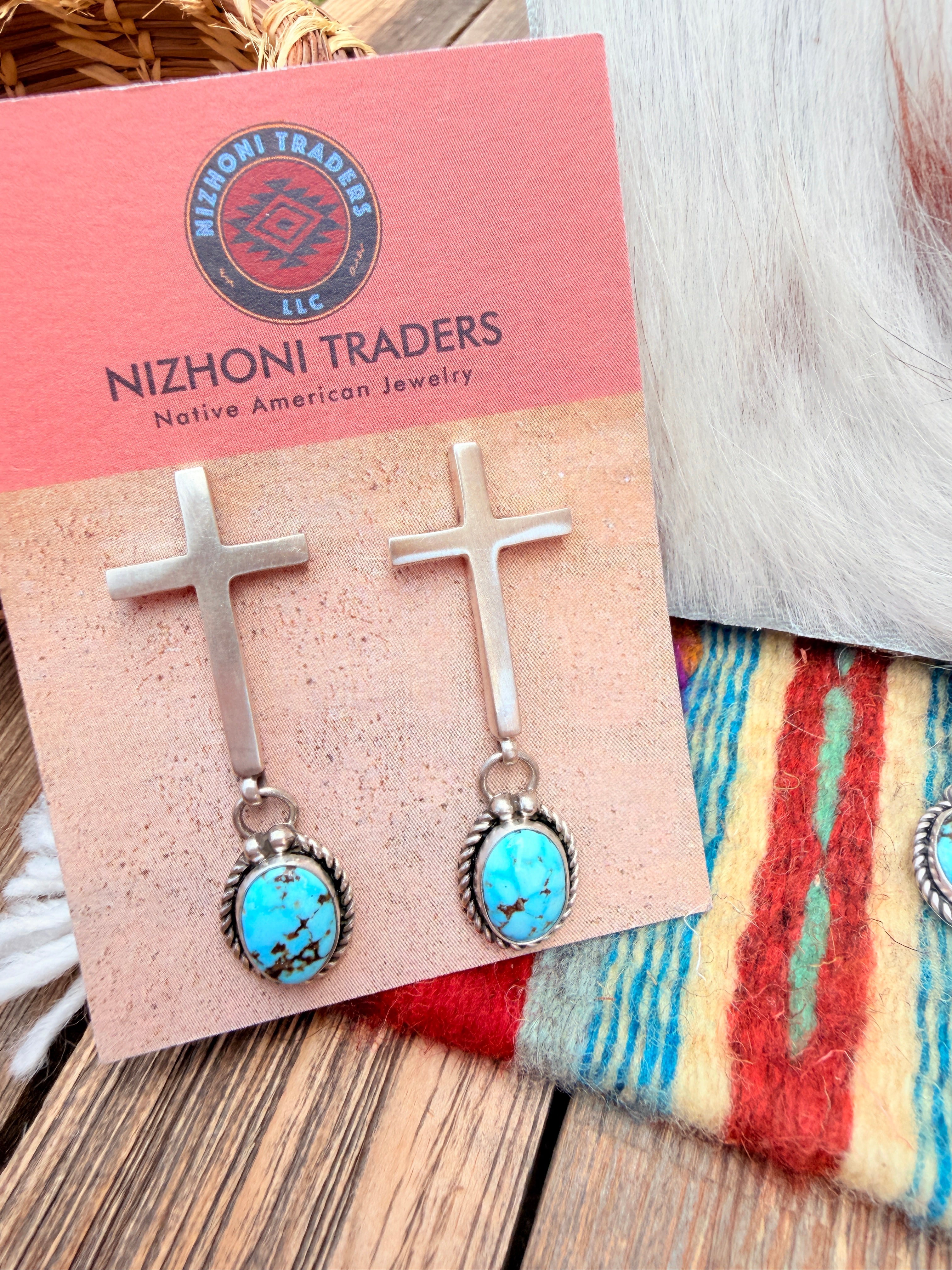 Handcrafted Turquoise & Sterling Silver Cross Necklace and Earring Set by Fred Francis