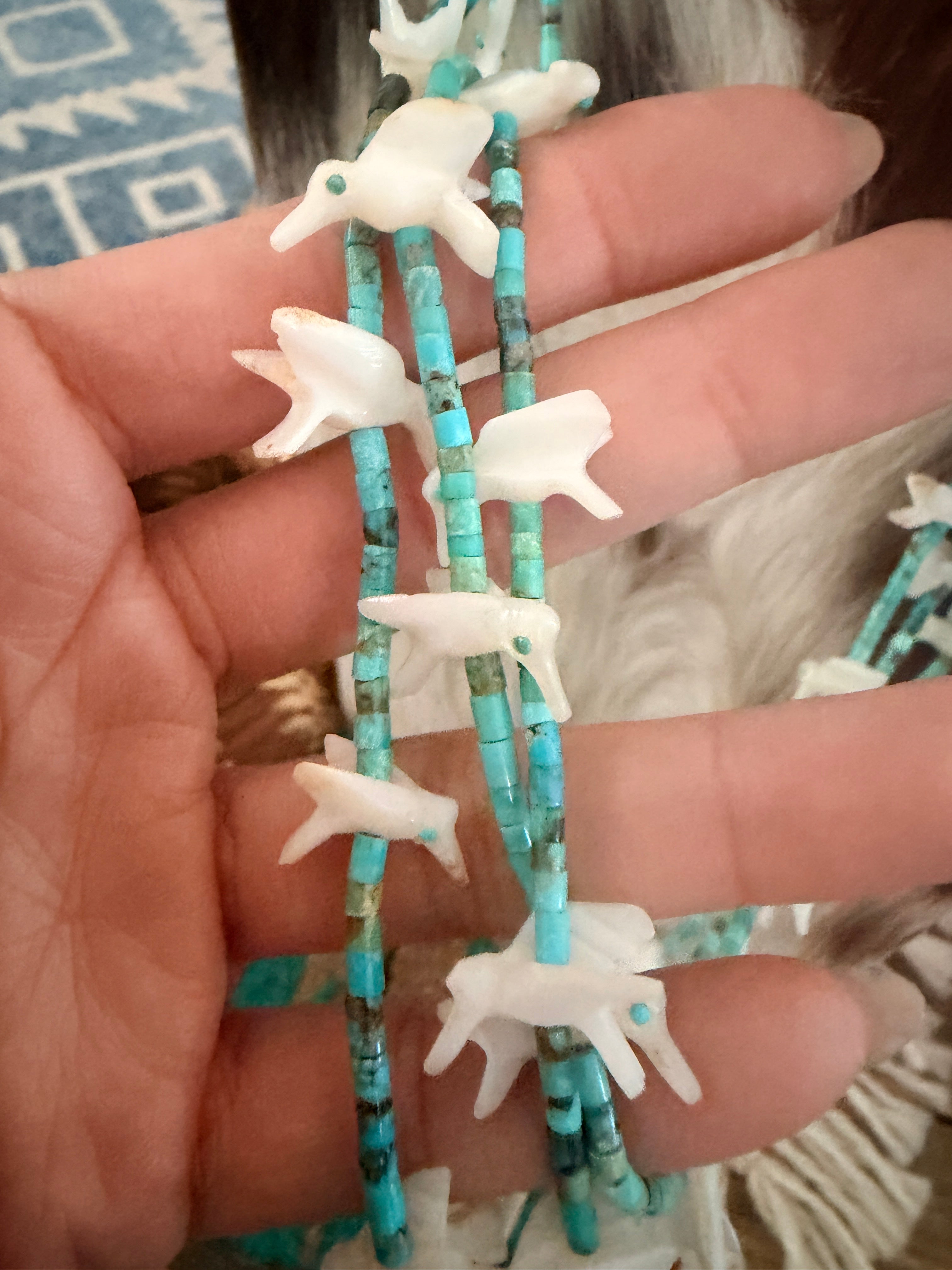 Old Pawn Handcrafted Turquoise & Mother of Pearl Fetish Hummingbird Beaded 29” Necklace