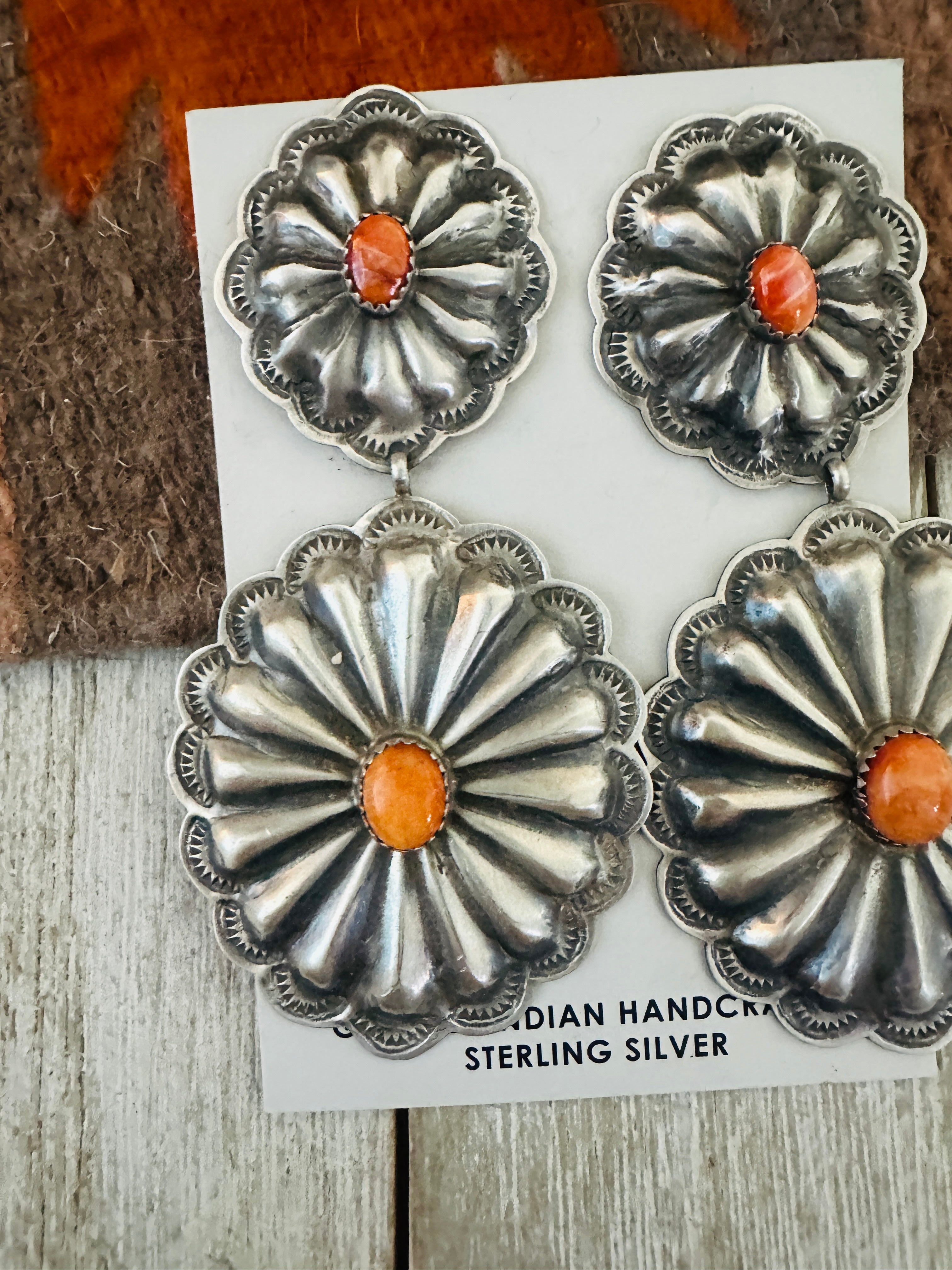 Handcrafted Orange Spiny and Sterling Silver Concho Dangle Earrings