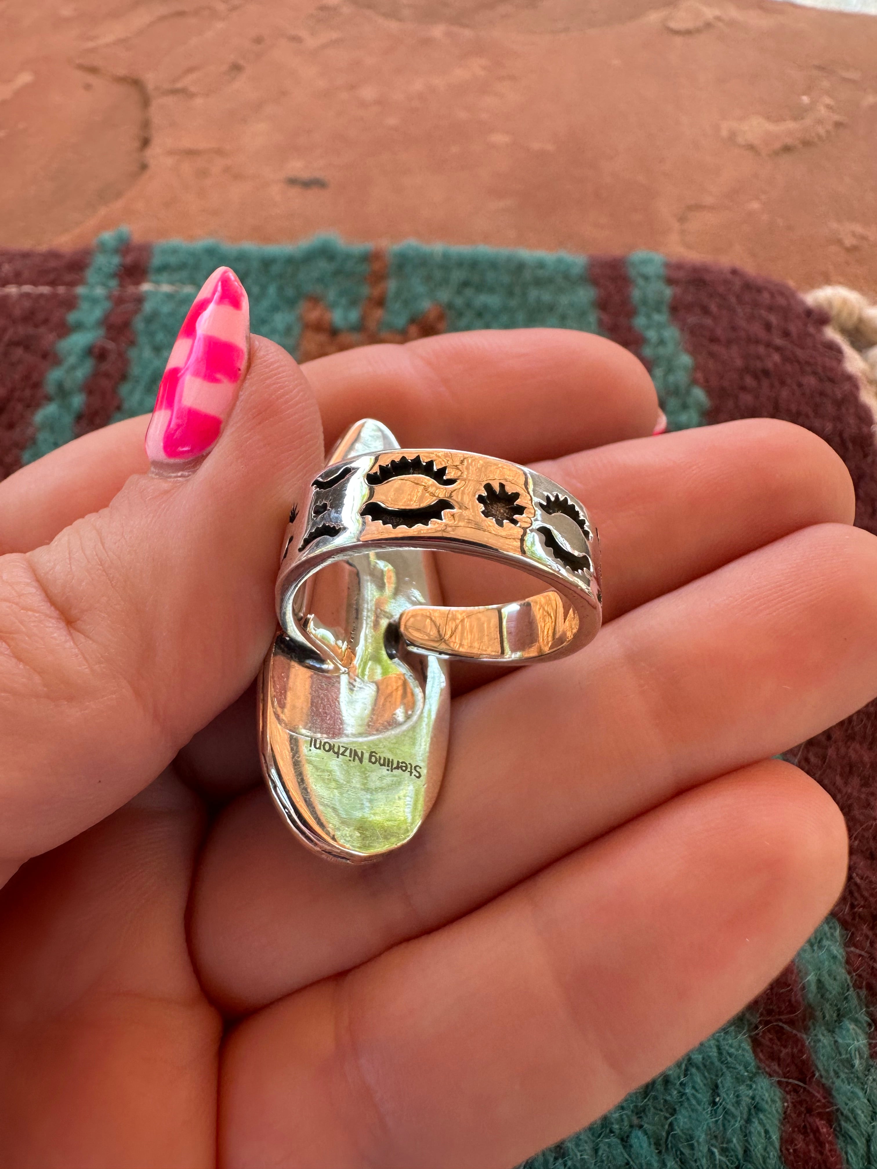 Handmade White Buffalo & Sterling Silver Adjustable Ring Signed Nizhoni