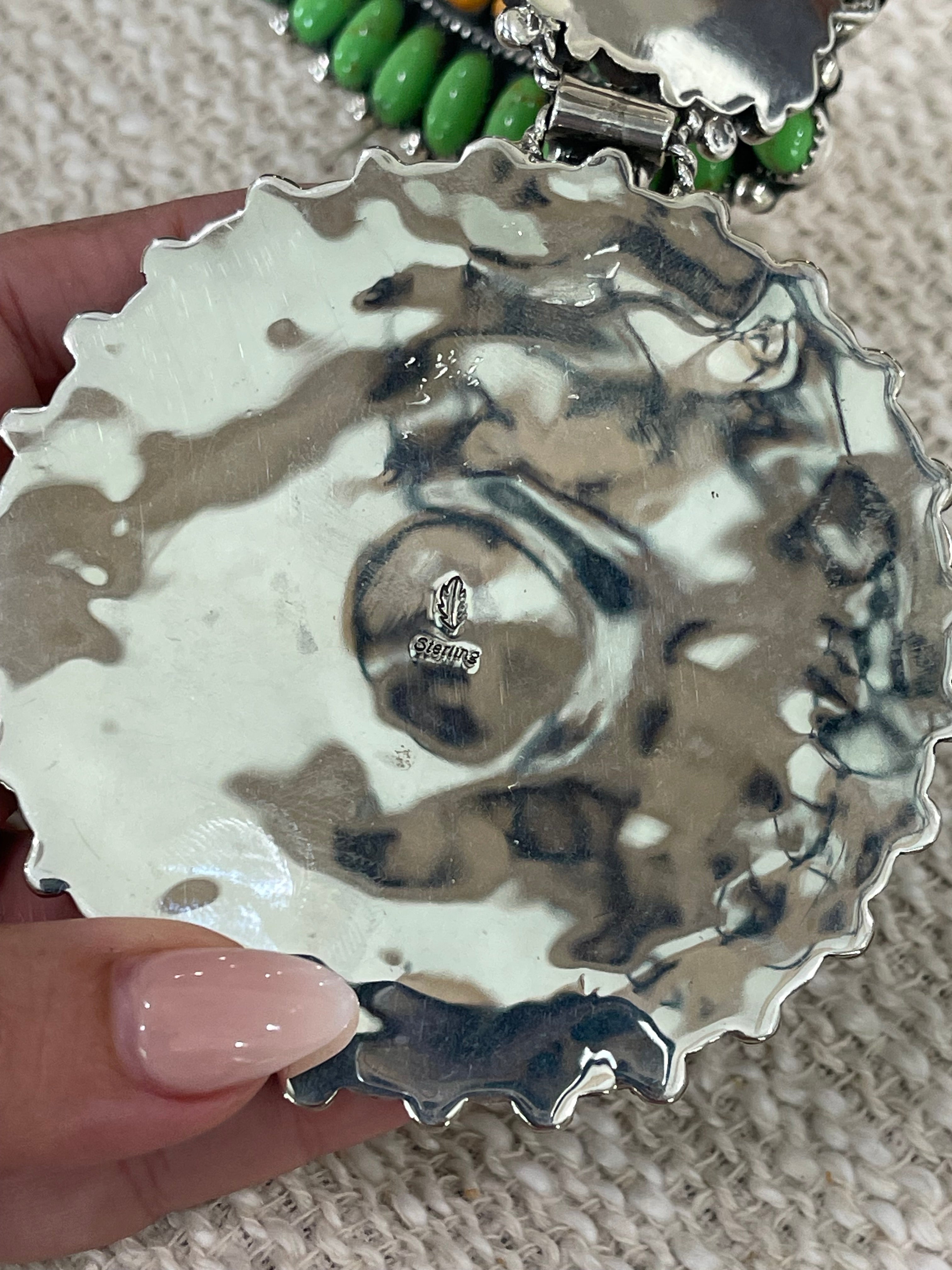 Beautiful Sterling Silver, Dyed Kingman Turquoise & Orange Spiny Cluster Necklace And Earring Set