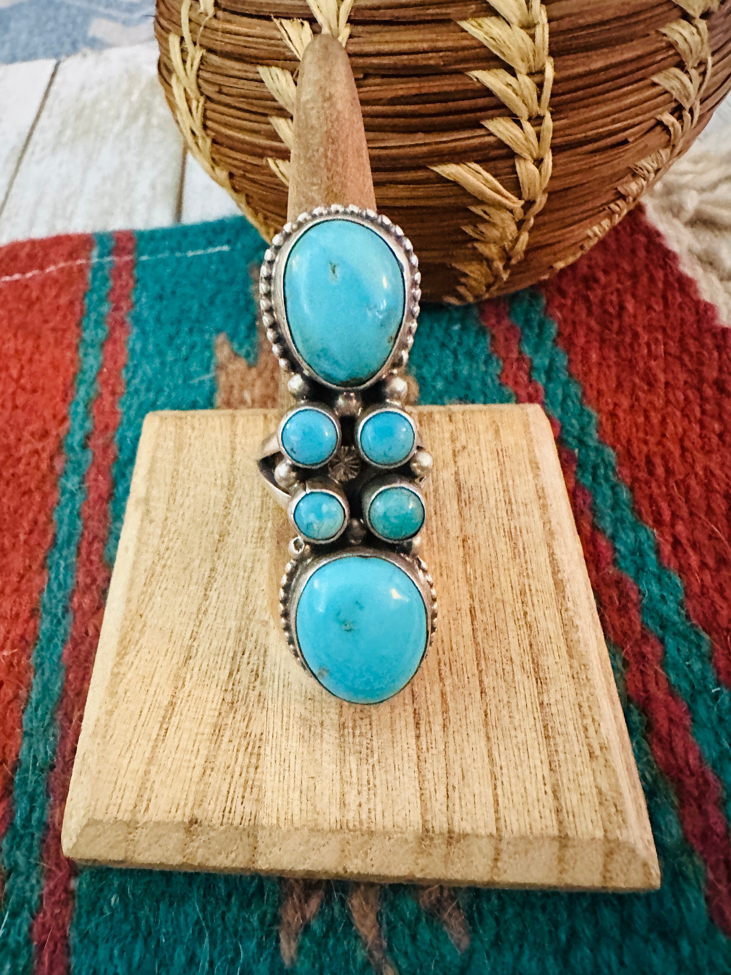 Navajo Sterling Silver & Kingman Turquoise Ring Size 8