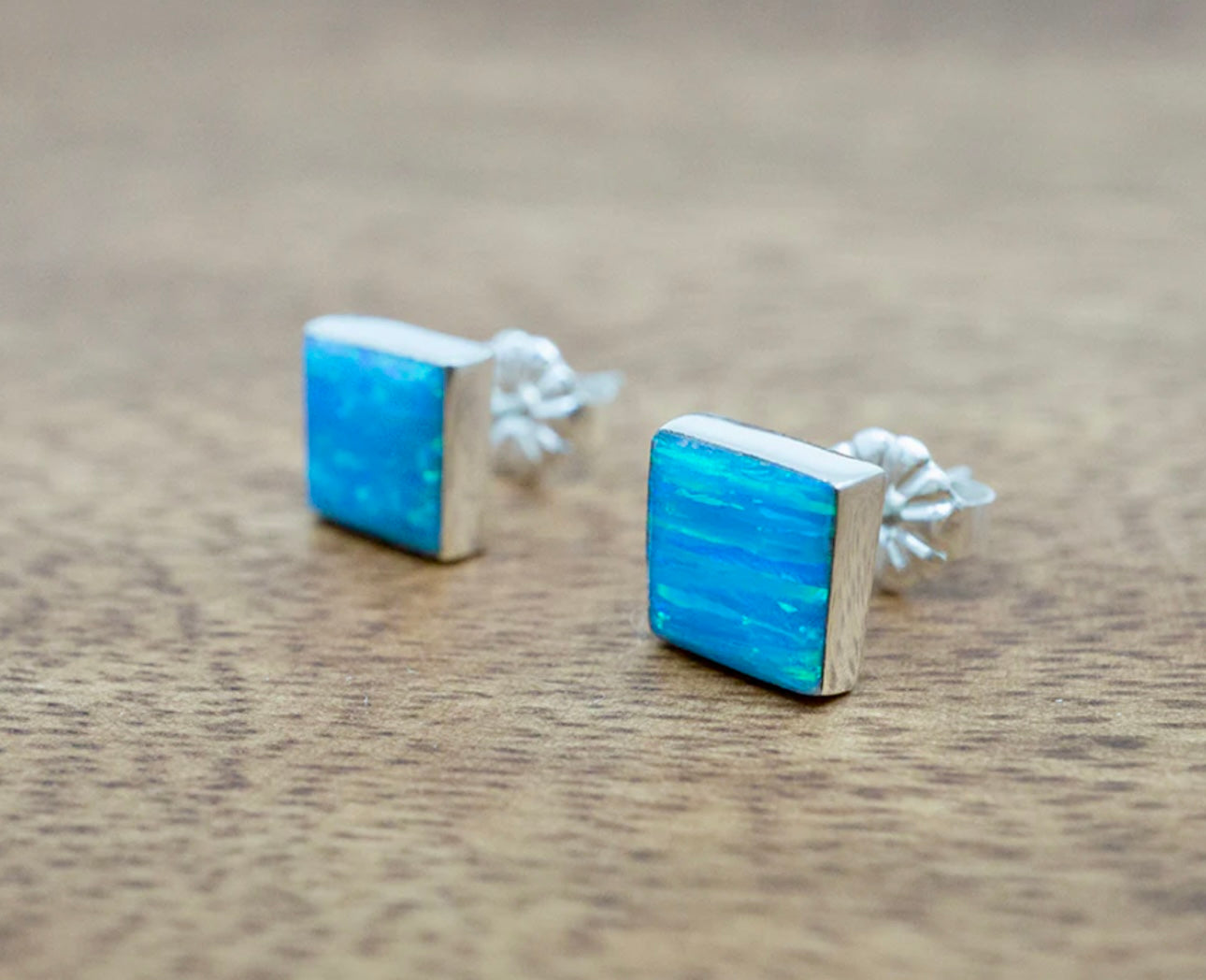 Square Light Blue Opal Studs