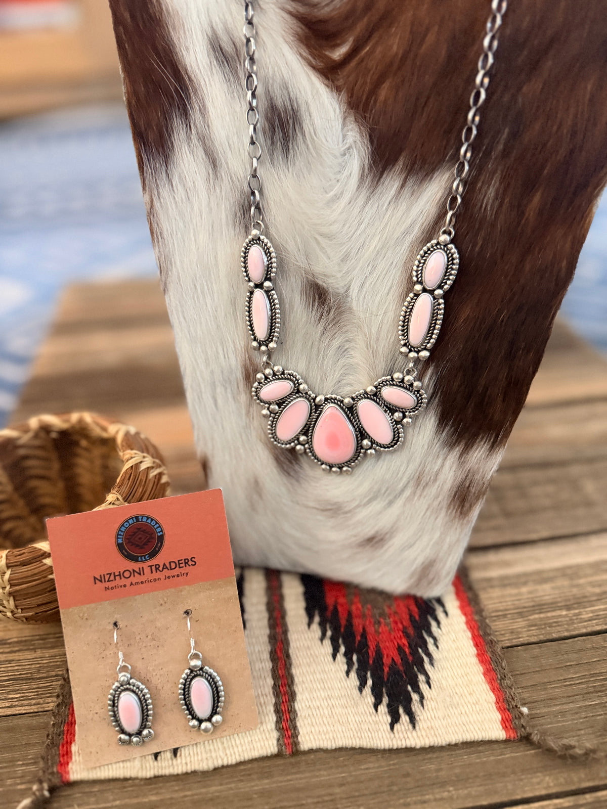 Handcrafted Queen Pink Conch & Sterling Silver Cluster Necklace and Earring Set by Joelias Draper