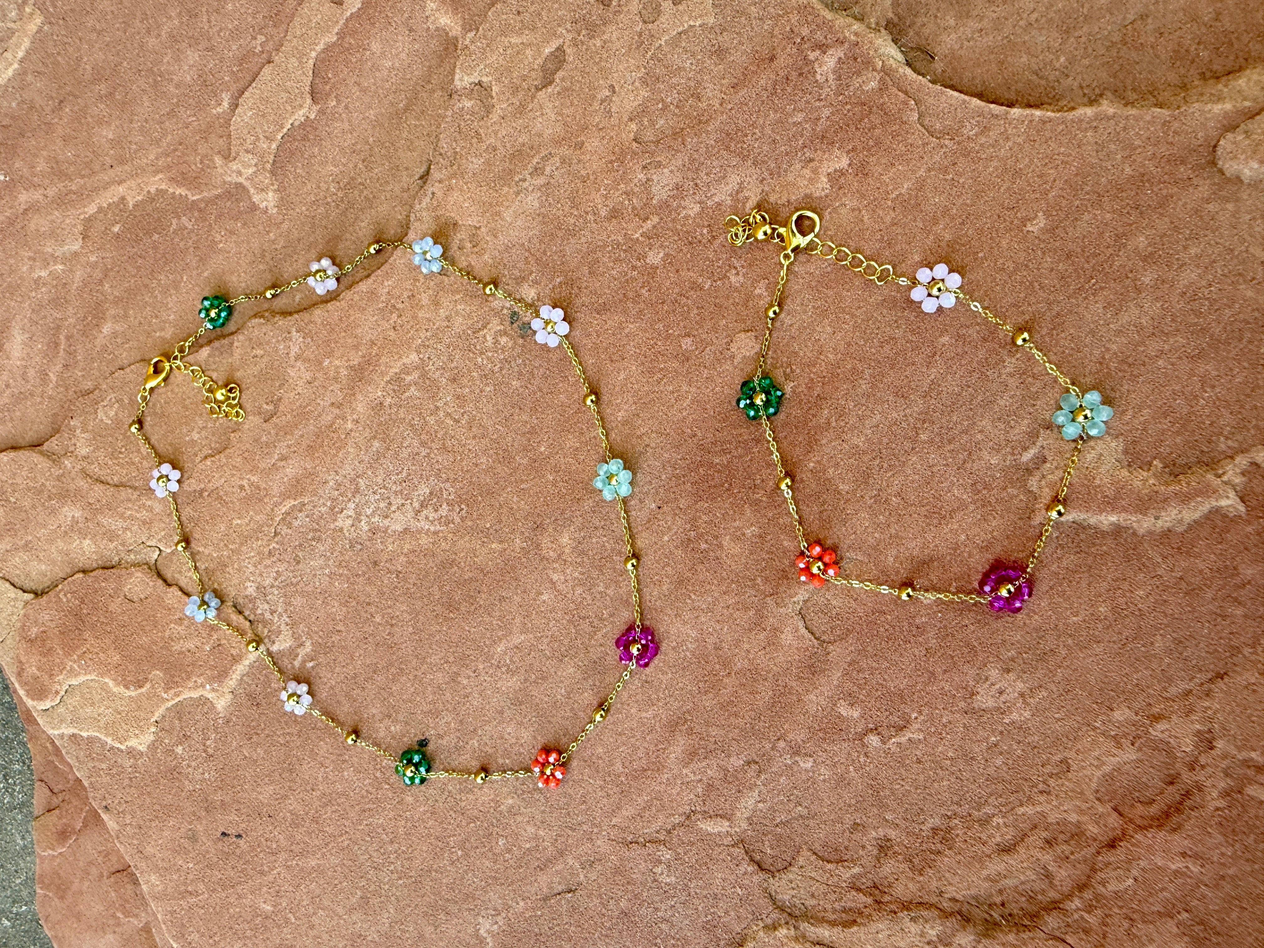 “The Golden Collection” Multi Color Beaded Gold Plated Flower Necklace