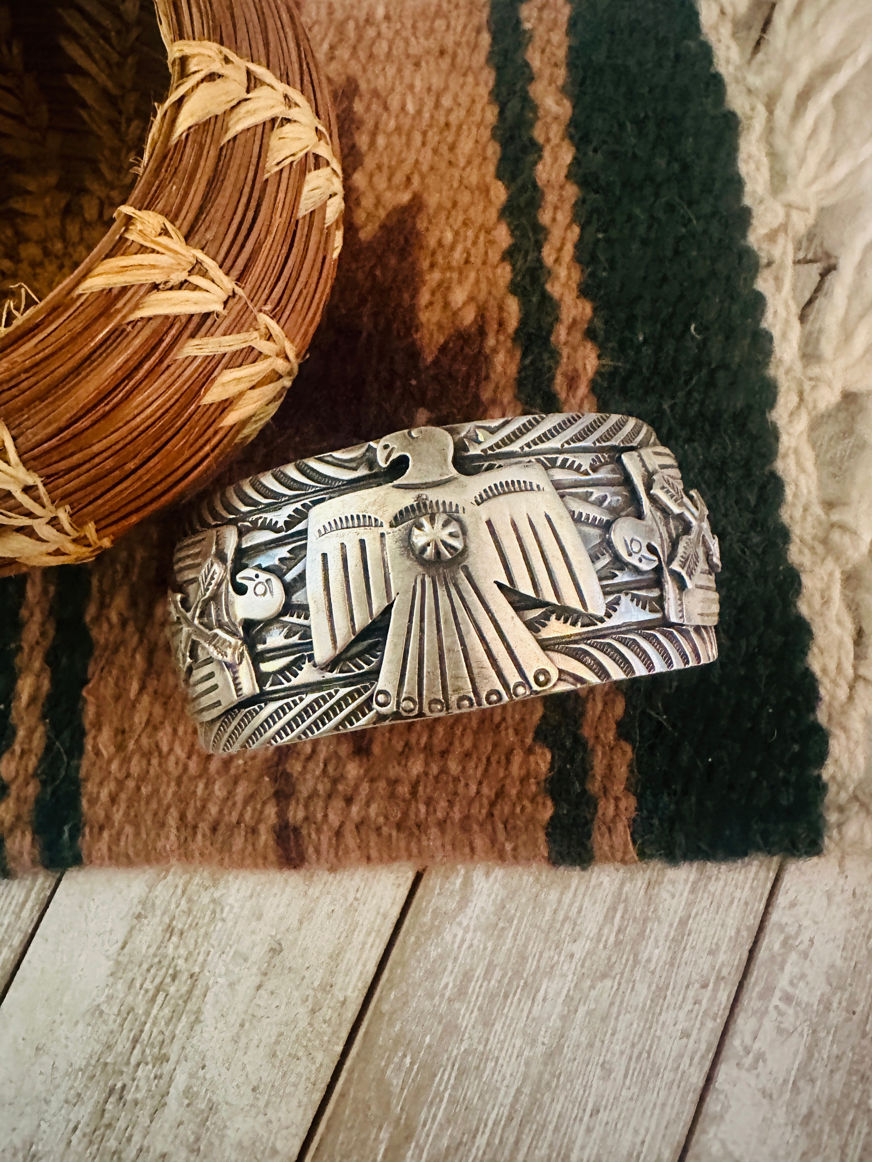 Navajo Hand Stamped Sterling Silver Thunderbird Cuff Bracelet