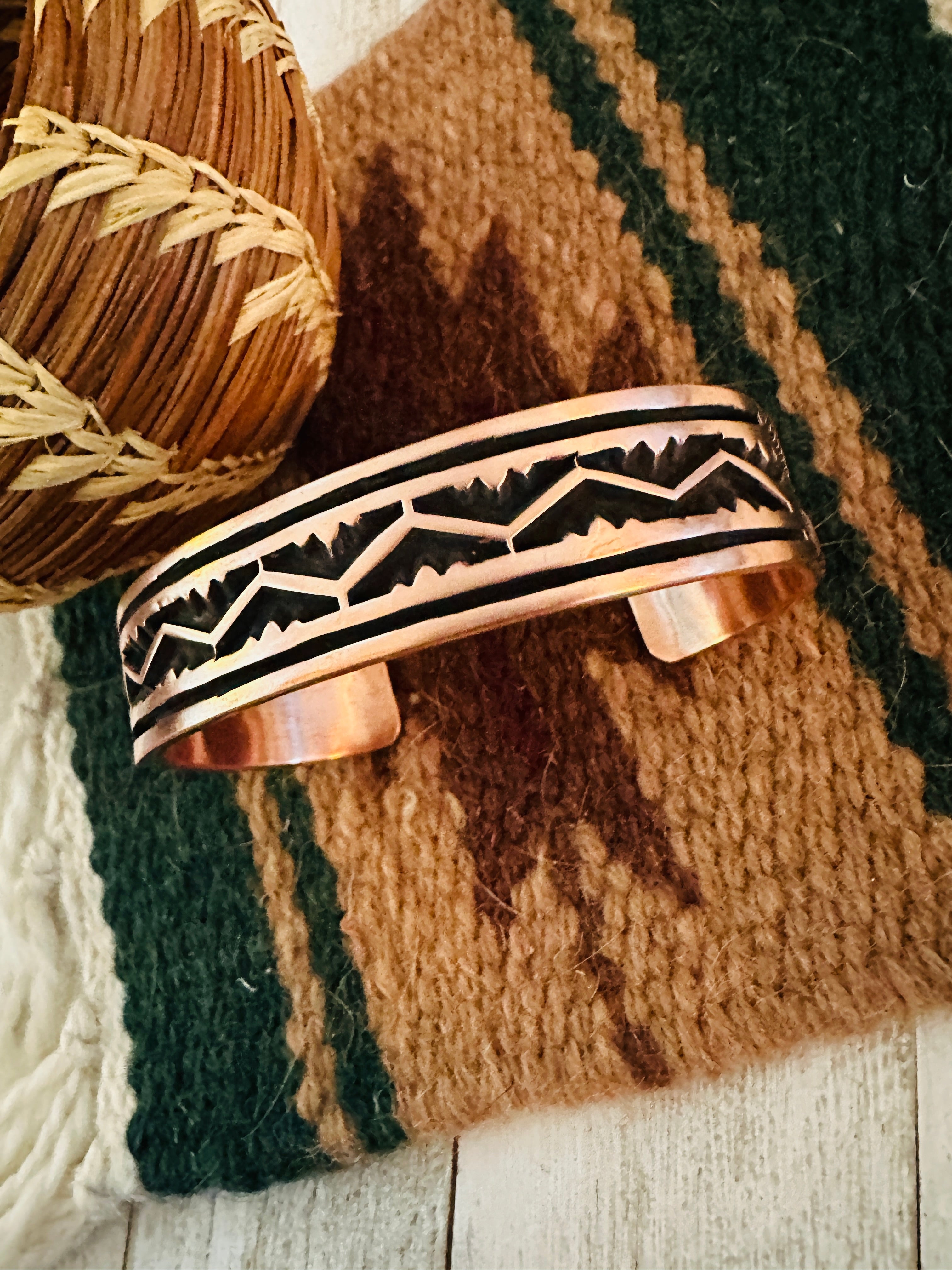 Navajo Hand Stamped Copper Cuff Bracelet Signed