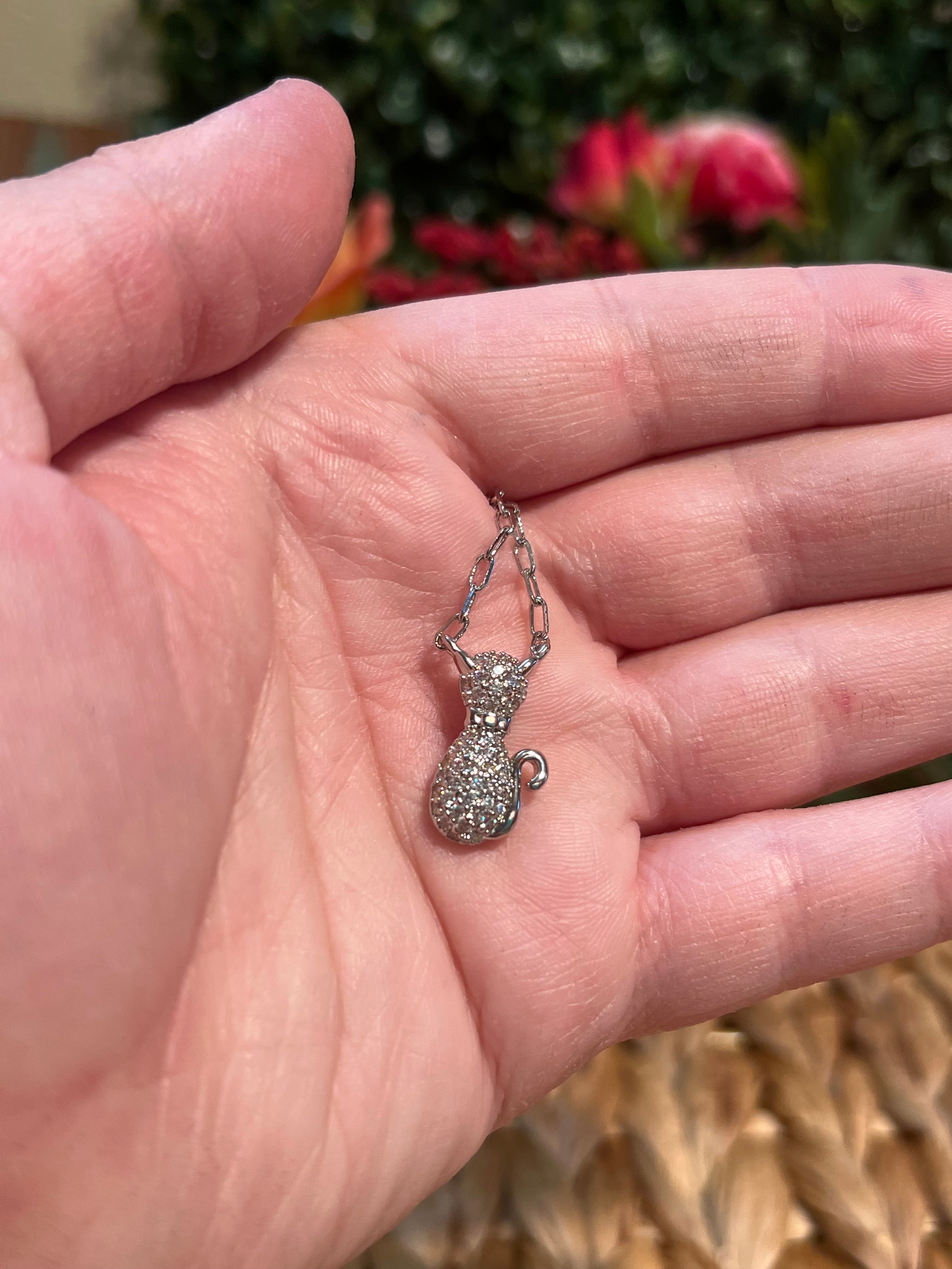 Silver Plated CZ Cat Pendant Chain Necklace