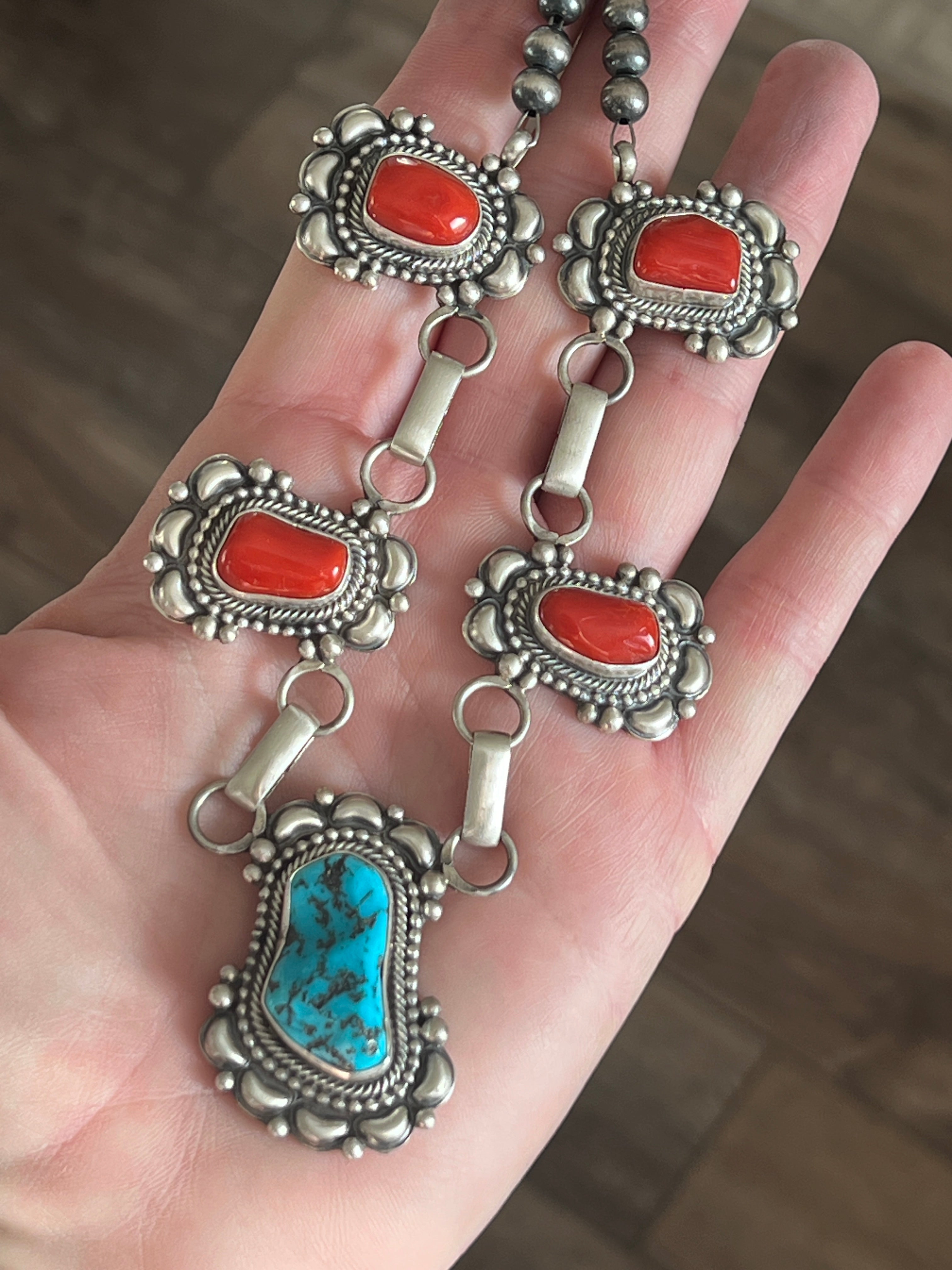 Navajo Sterling Silver, Mediterranean Coral and Sleeping Beauty Turquoise Necklace with Matching Earrings by Tom Lewis