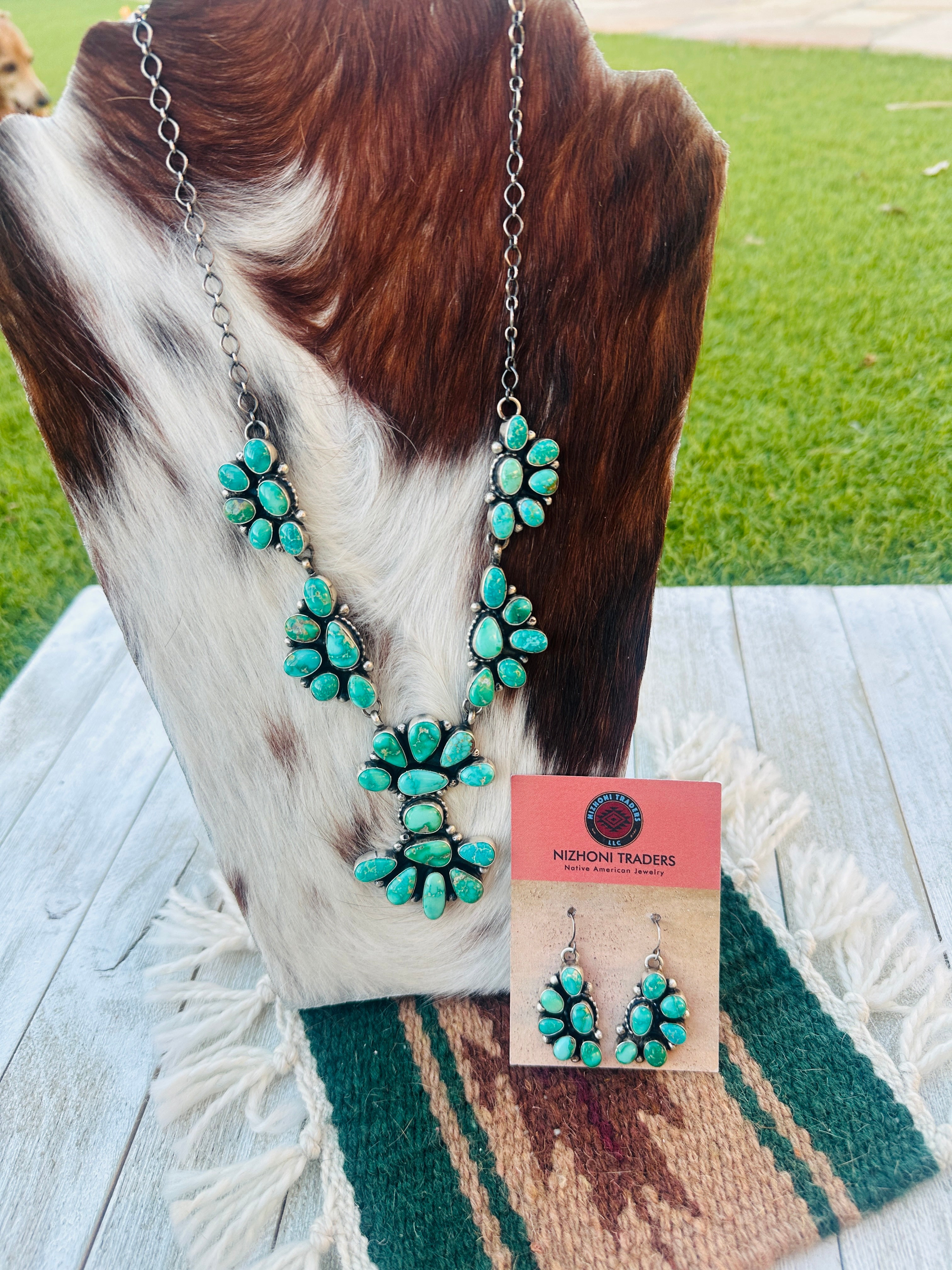 Handcrafted Emerald Valley Turquoise & Sterling Silver Necklace and Earring Set by Sheila Becenti