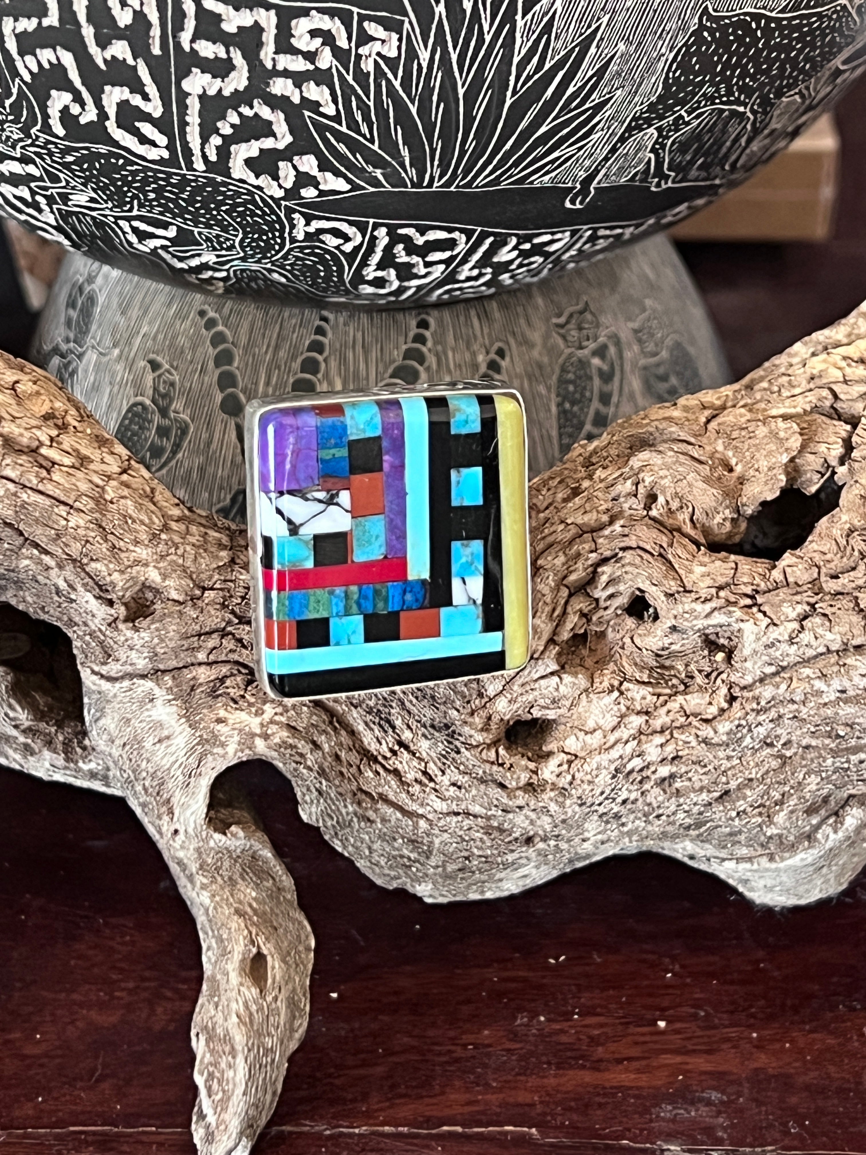 Ronald Chavez Sterling Silver Square Mosaic Multistone Ring, Size 9