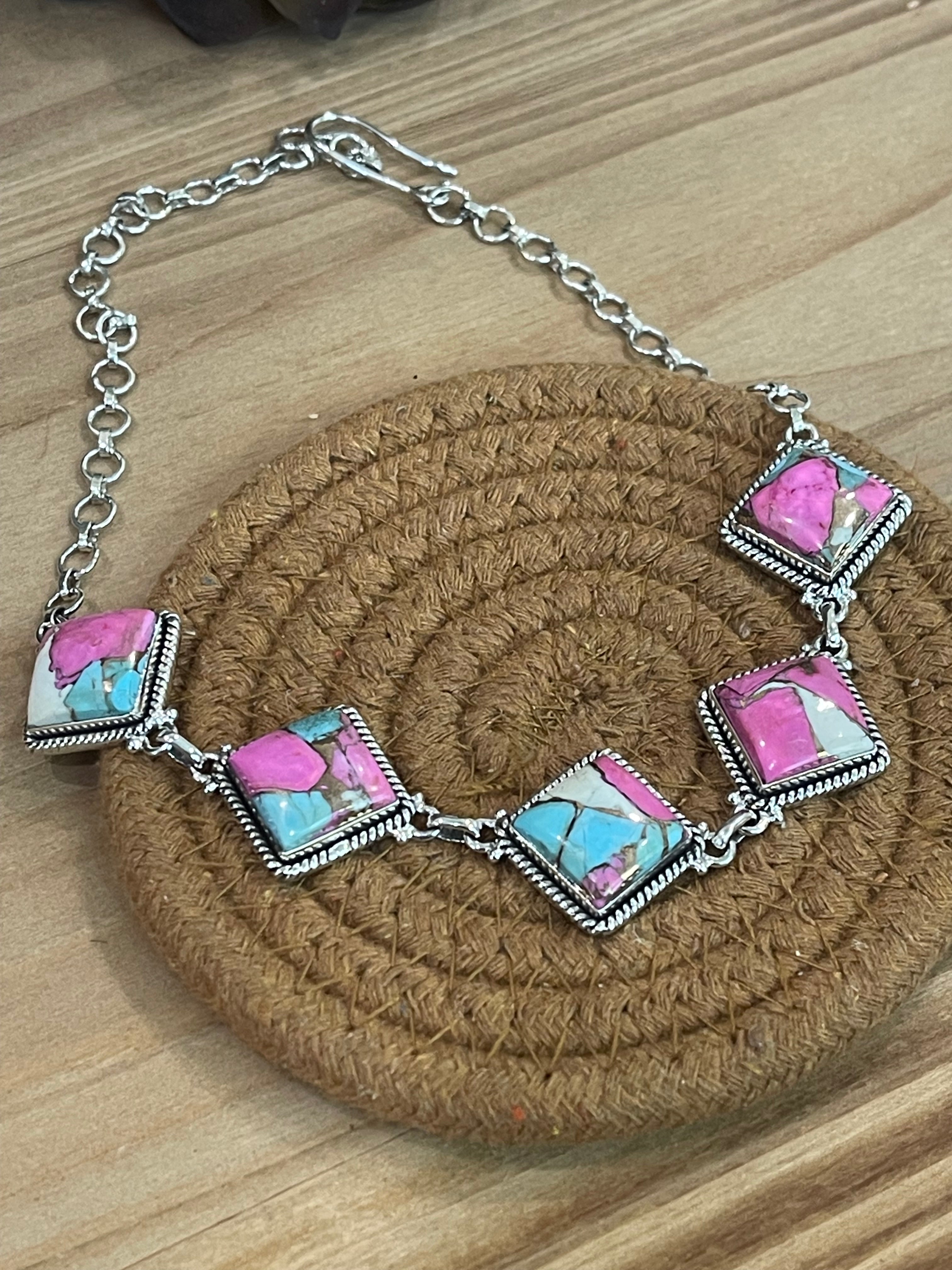 Handmade Sterling Silver Cotton Candy Turquoise Necklace with Signed Nizhoni