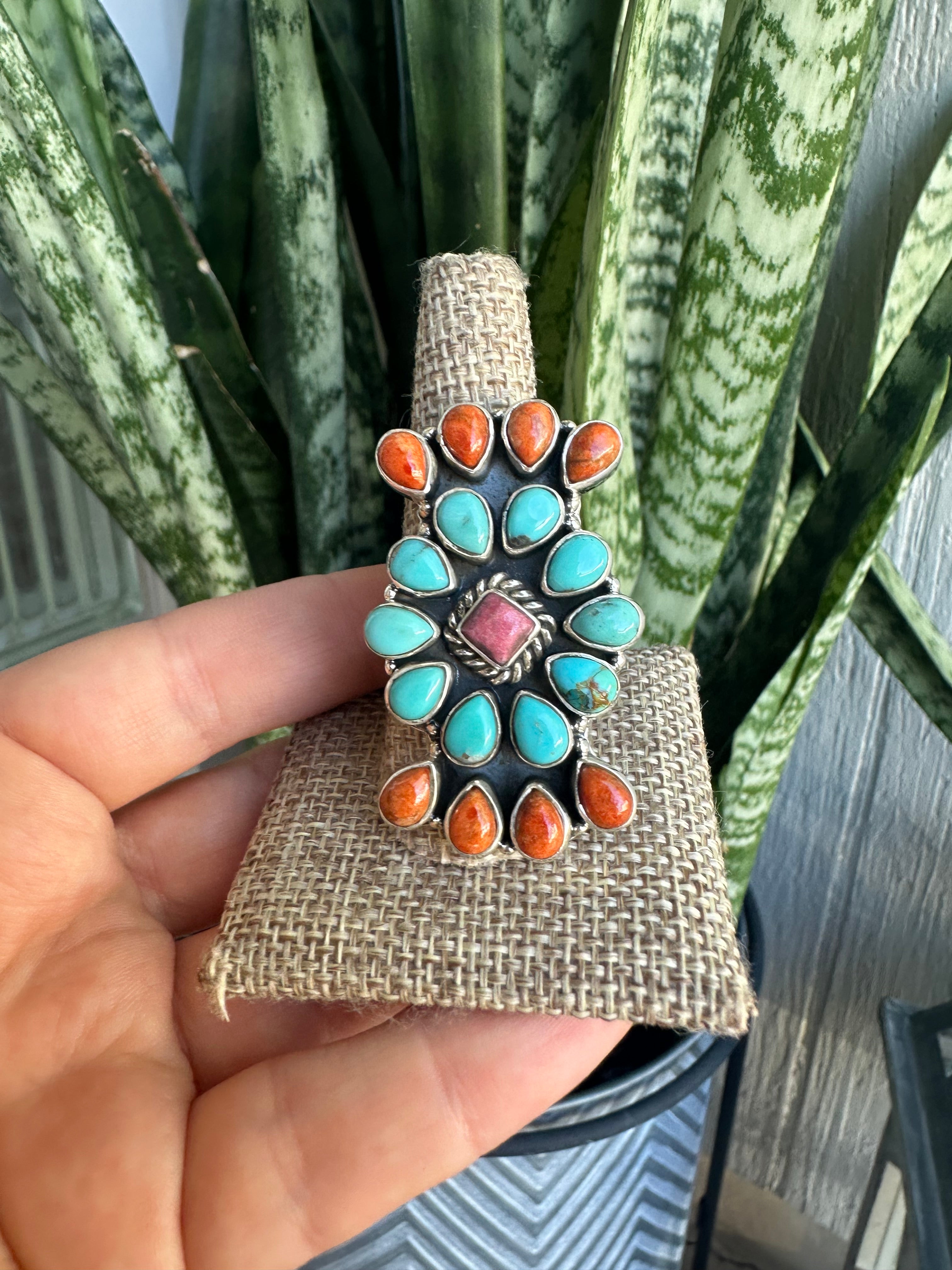 Beautiful Handmade Orange Mojave, Rhodonite, Turquoise And Sterling Silver Adjustable Ring