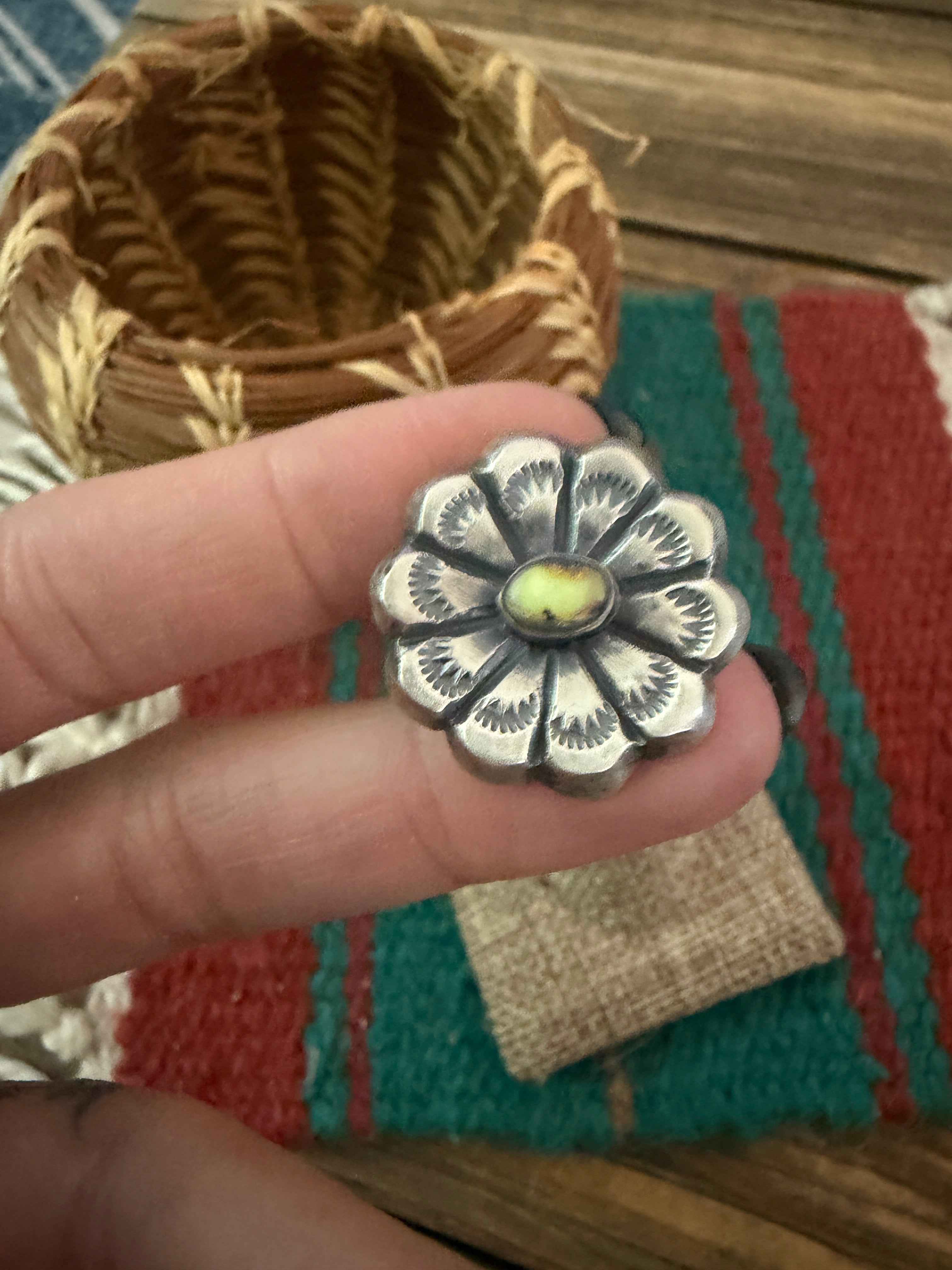 Handcrafted Palomino Turquoise and Sterling Silver Flower Ring size 9 by Chimney Butte