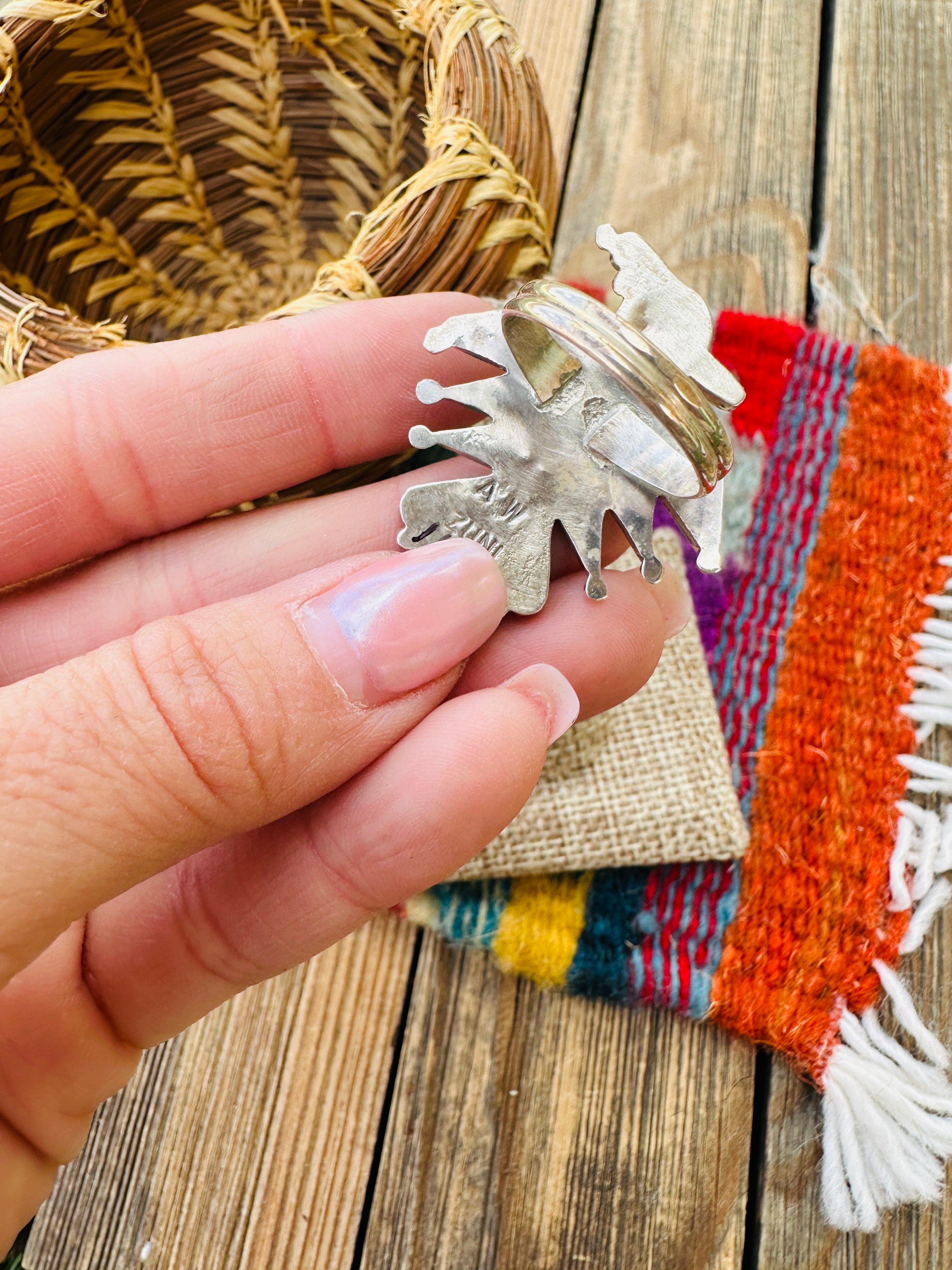 Old Pawn Handcrafted Multi Stone & Sterling Silver Thunderbird Ring Size 9.5