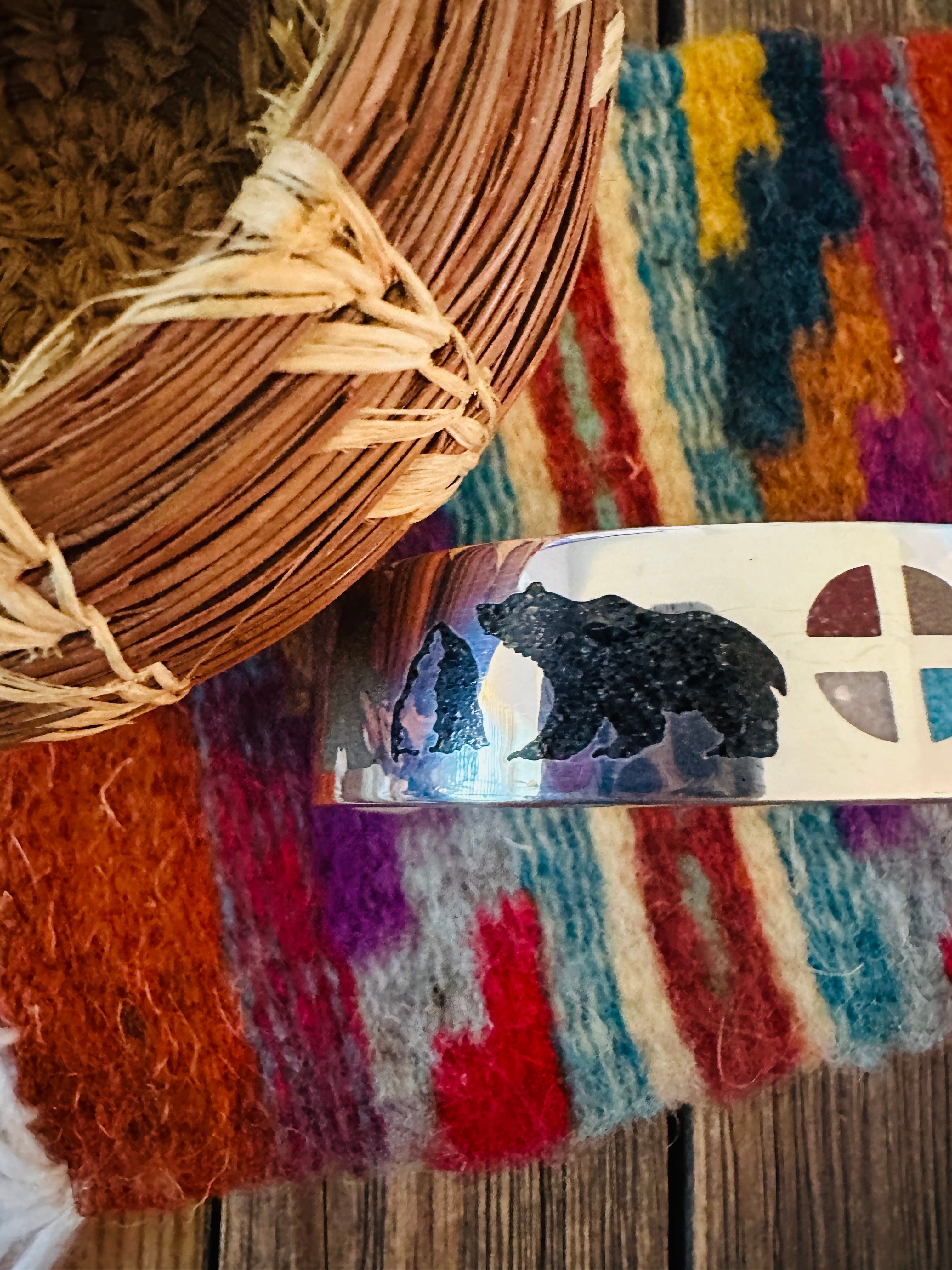 Handcrafted Sterling Silver & Multi Stone Inlay Bear Cuff Bracelet