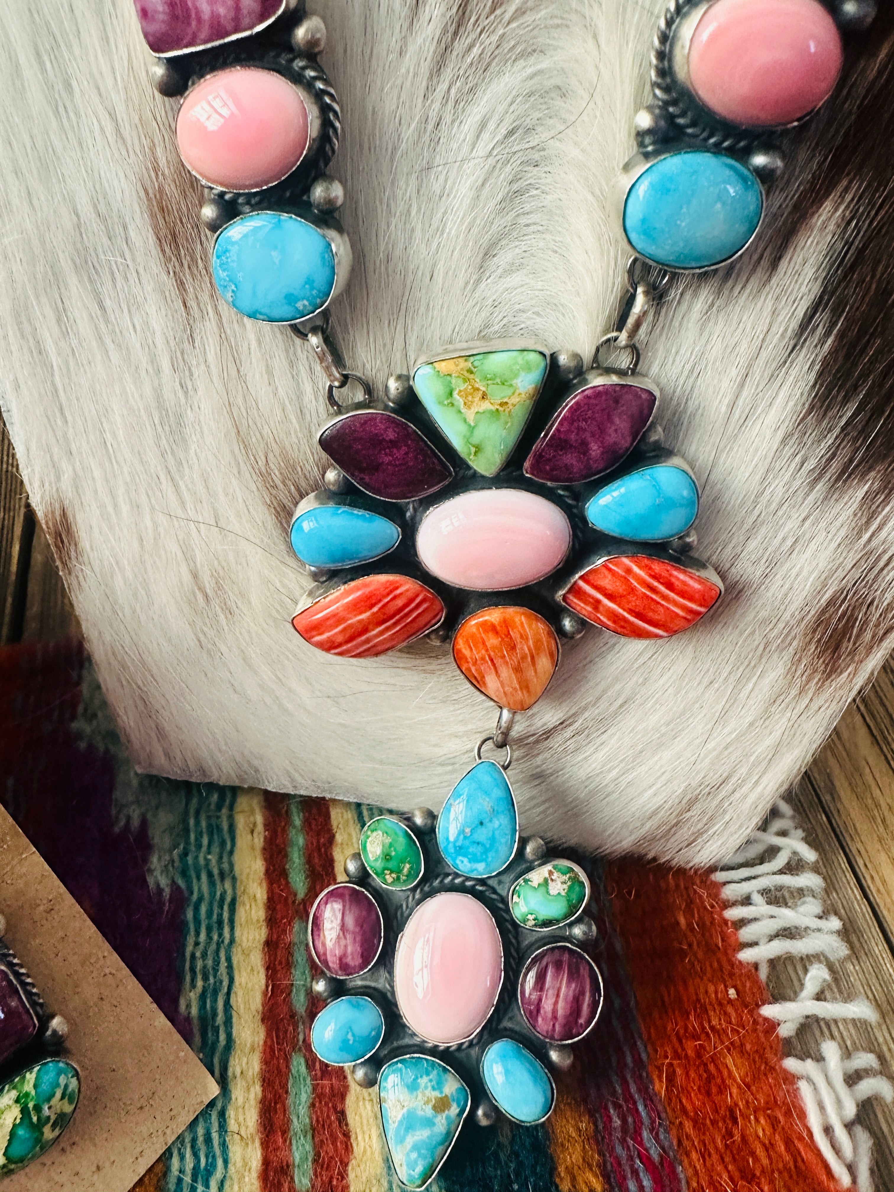 Handcrafted Multi Stone & Sterling Silver Cluster Necklace and Earring Set