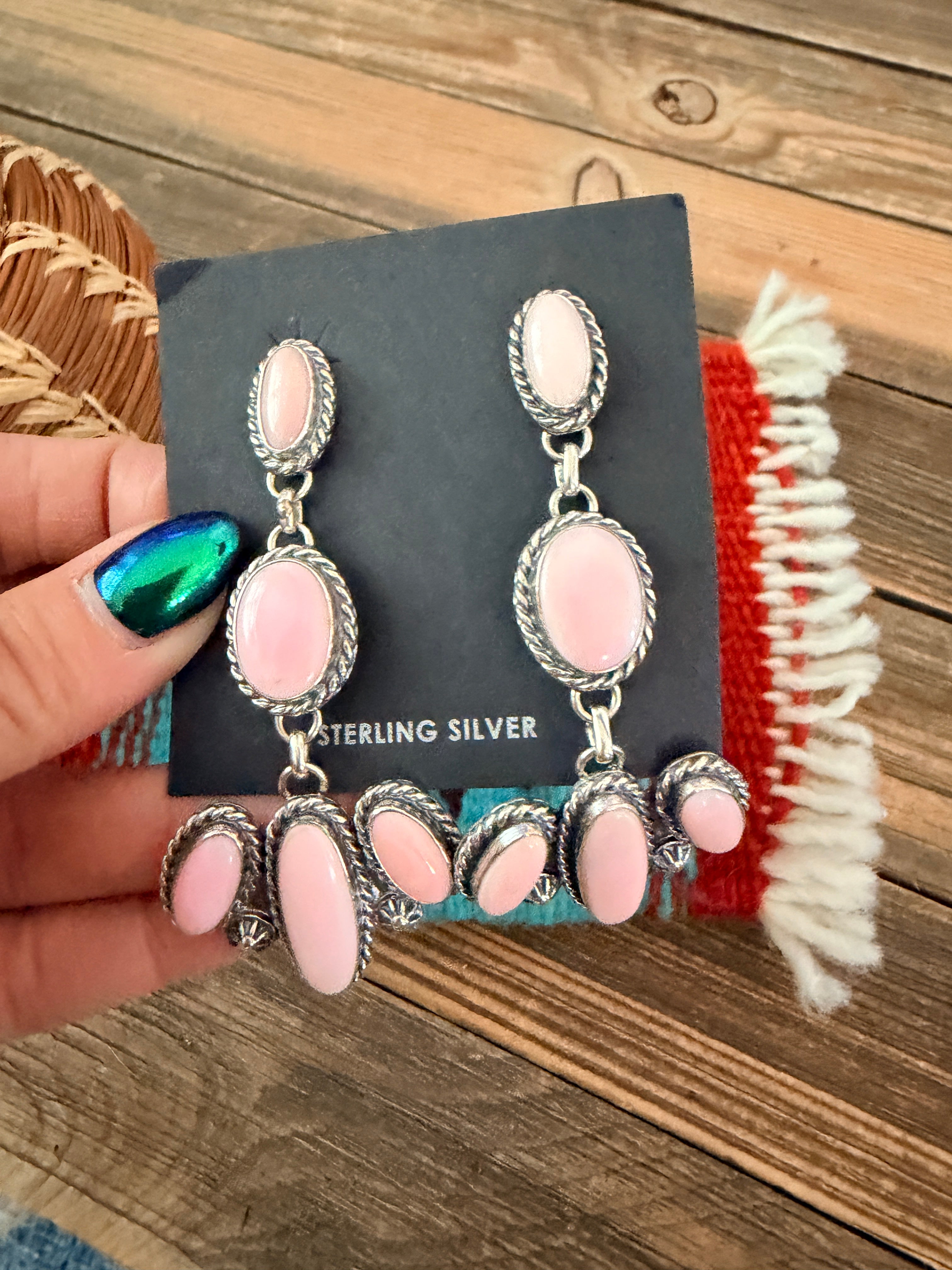 Handcrafted Queen Pink Conch & Sterling Silver Cluster Dangle Earrings