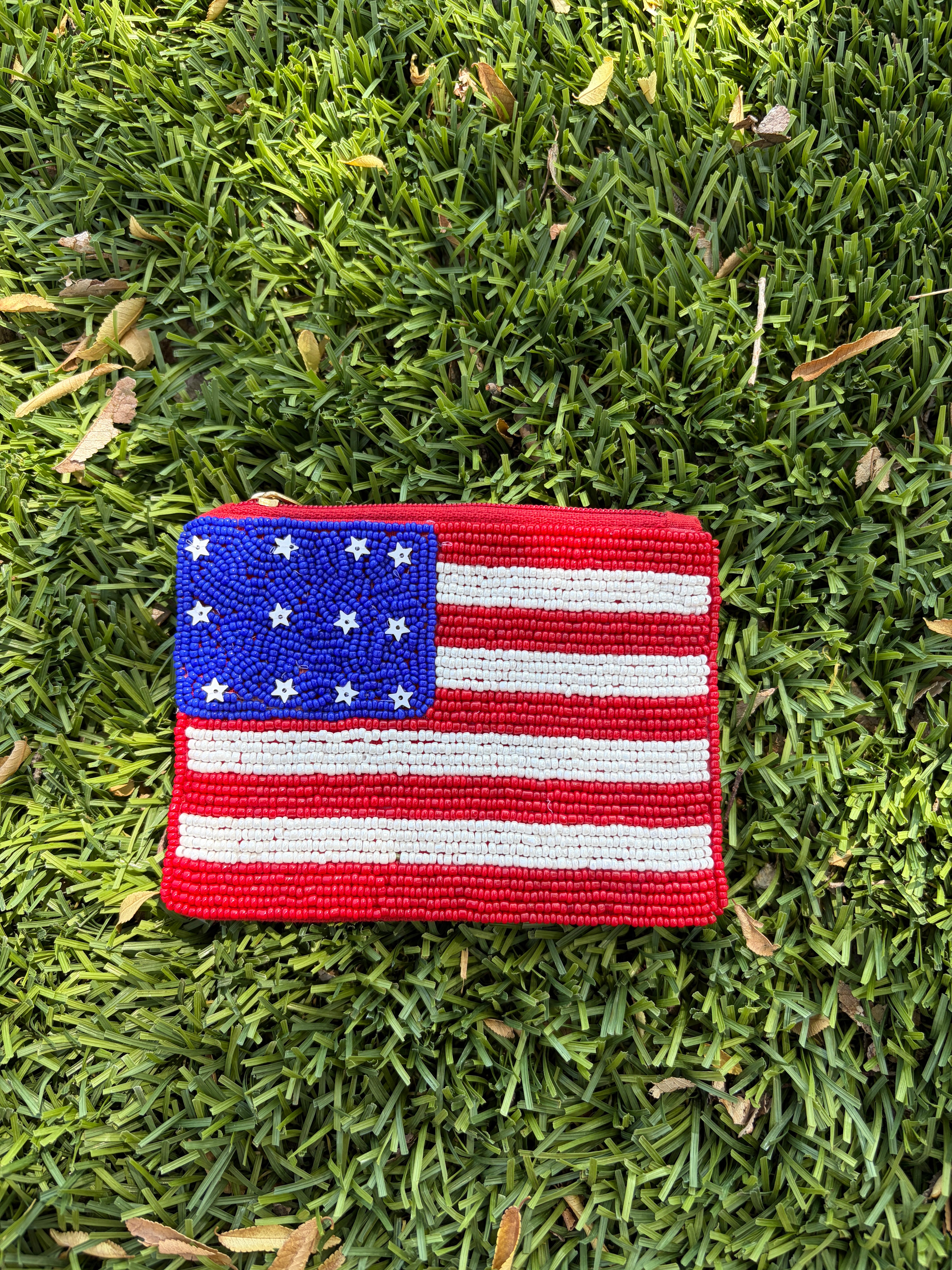Handmade Beaded American Flag Coin Purse (without beaded stars)
