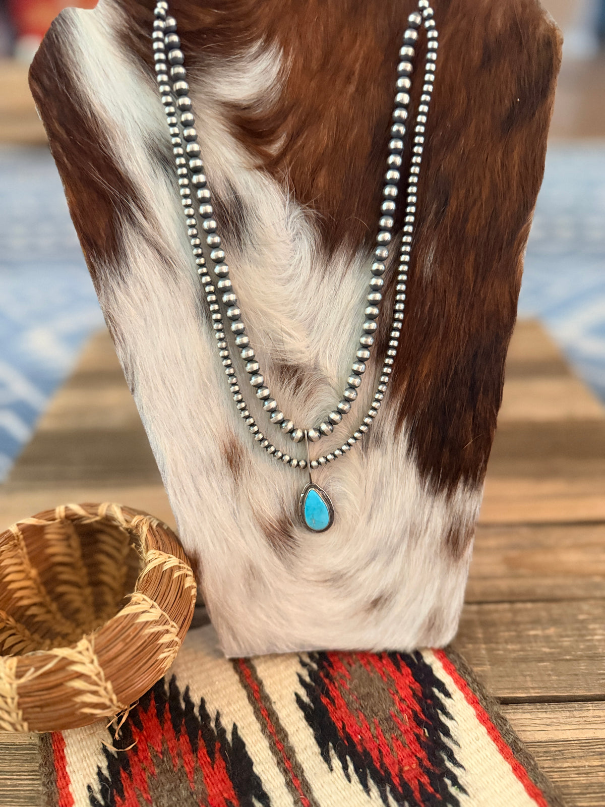 Handcrafted Turquoise & Sterling Silver Pearl 24" Beaded Necklace