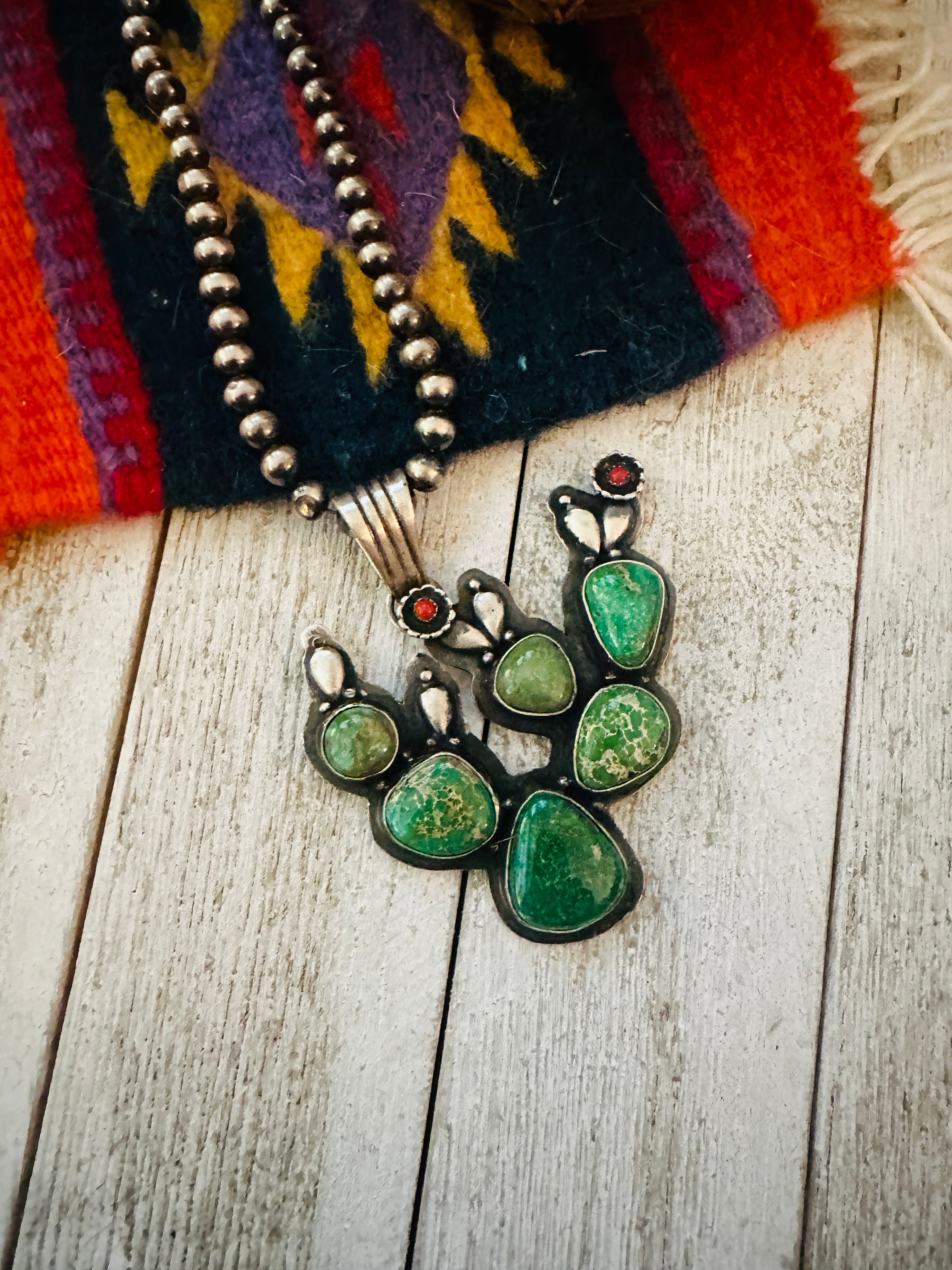 Navajo Turquoise, Coral and Sterling Silver Cactus Pendant