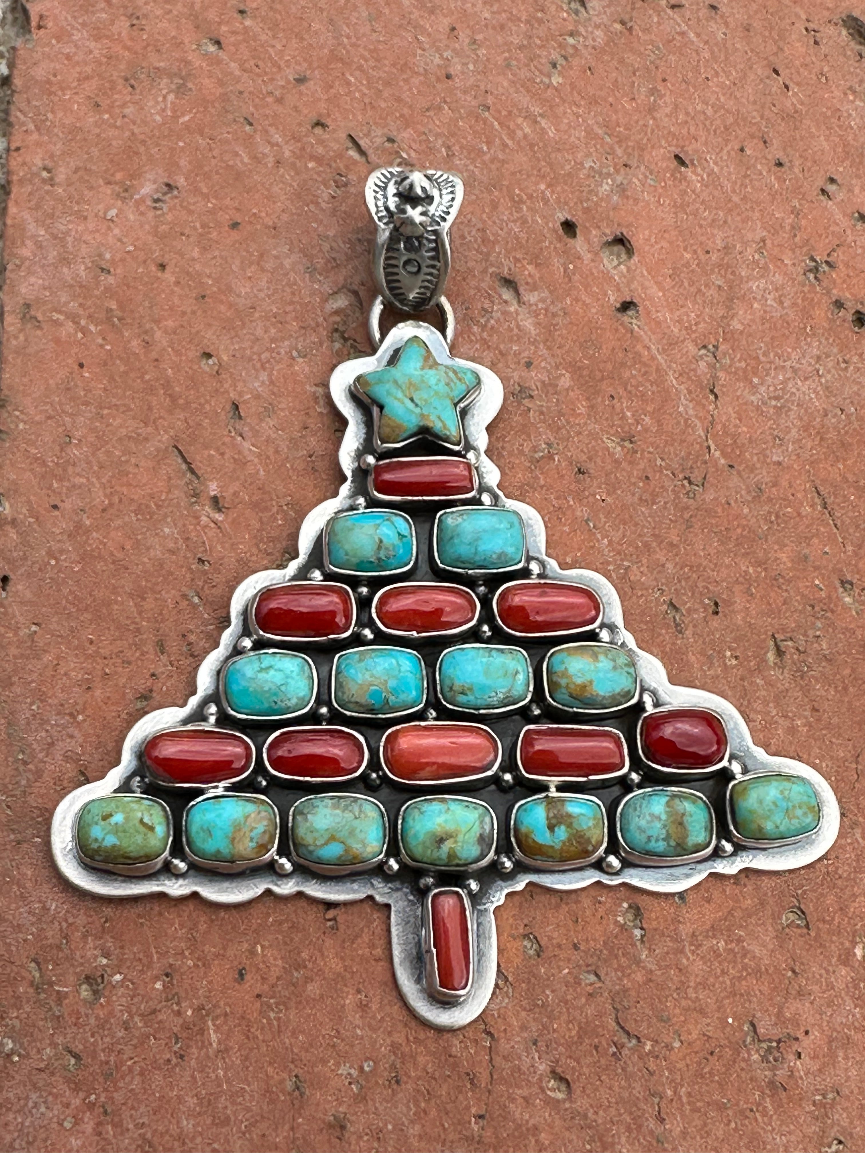 Handmade Sterling Silver, Coral & Turquoise Christmas Tree Pendant