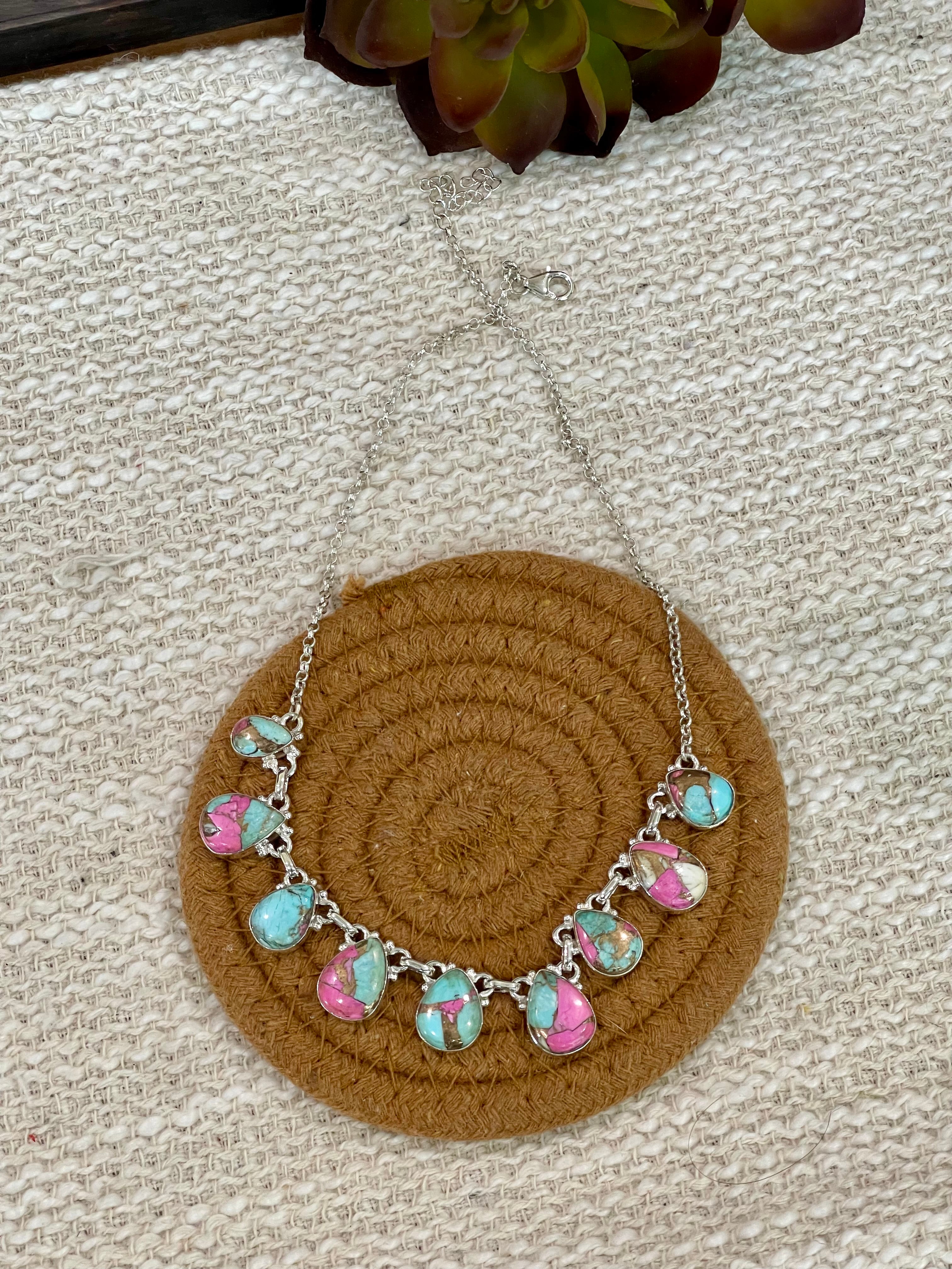 Handmade Sterling Silver Cotton Candy Turquoise Necklace with Signed Nizhoni