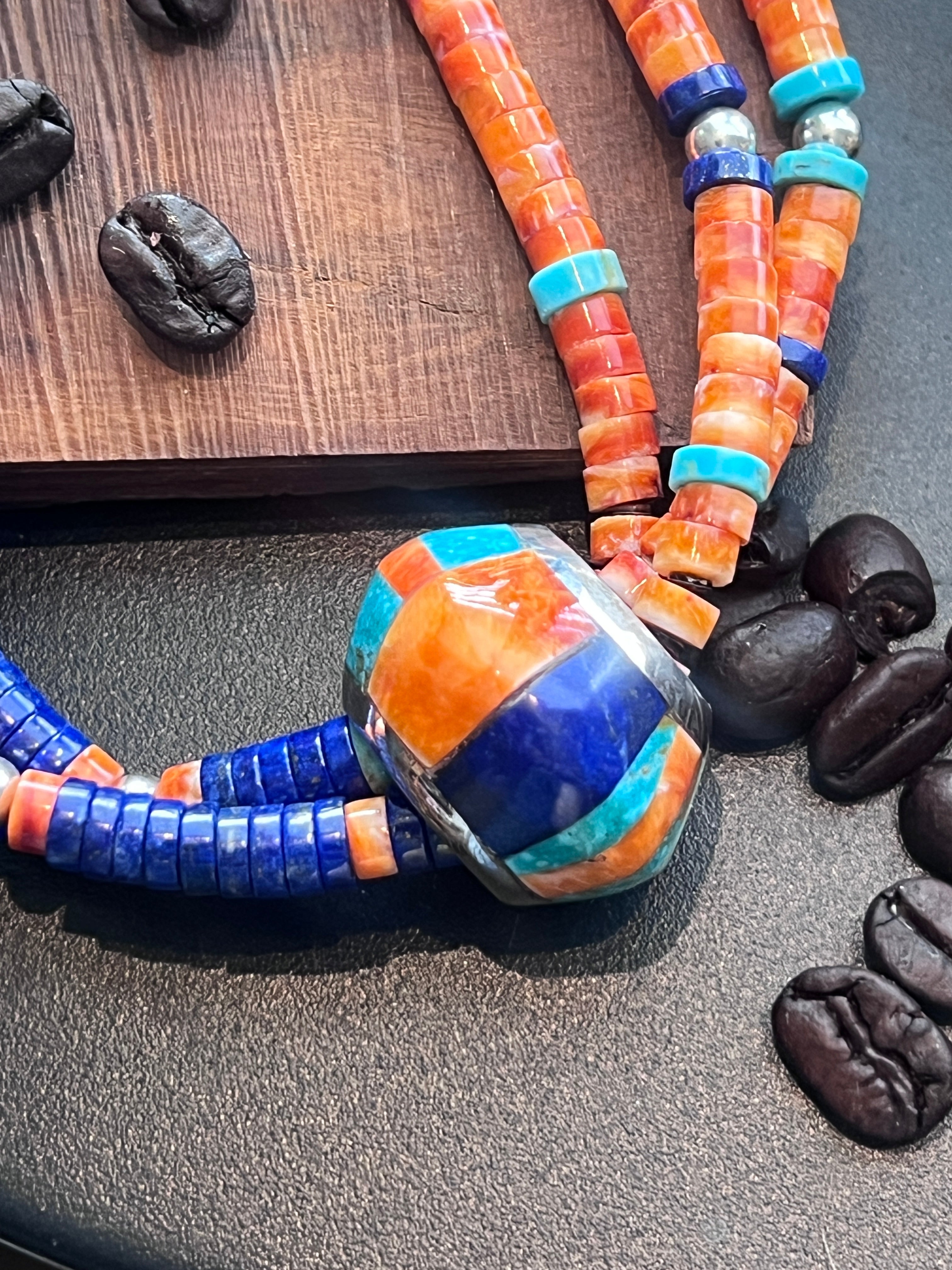 Daniel Coriz Triple Strand Lapis, Spiny Oyster and Turquoise Beaded Necklace w/ Removable Sterling Silver & Stone Inlay Bead