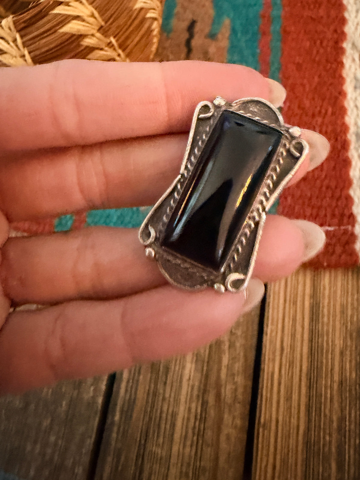 Old Pawn Handcrafted Onyx & Sterling Silver Brooch