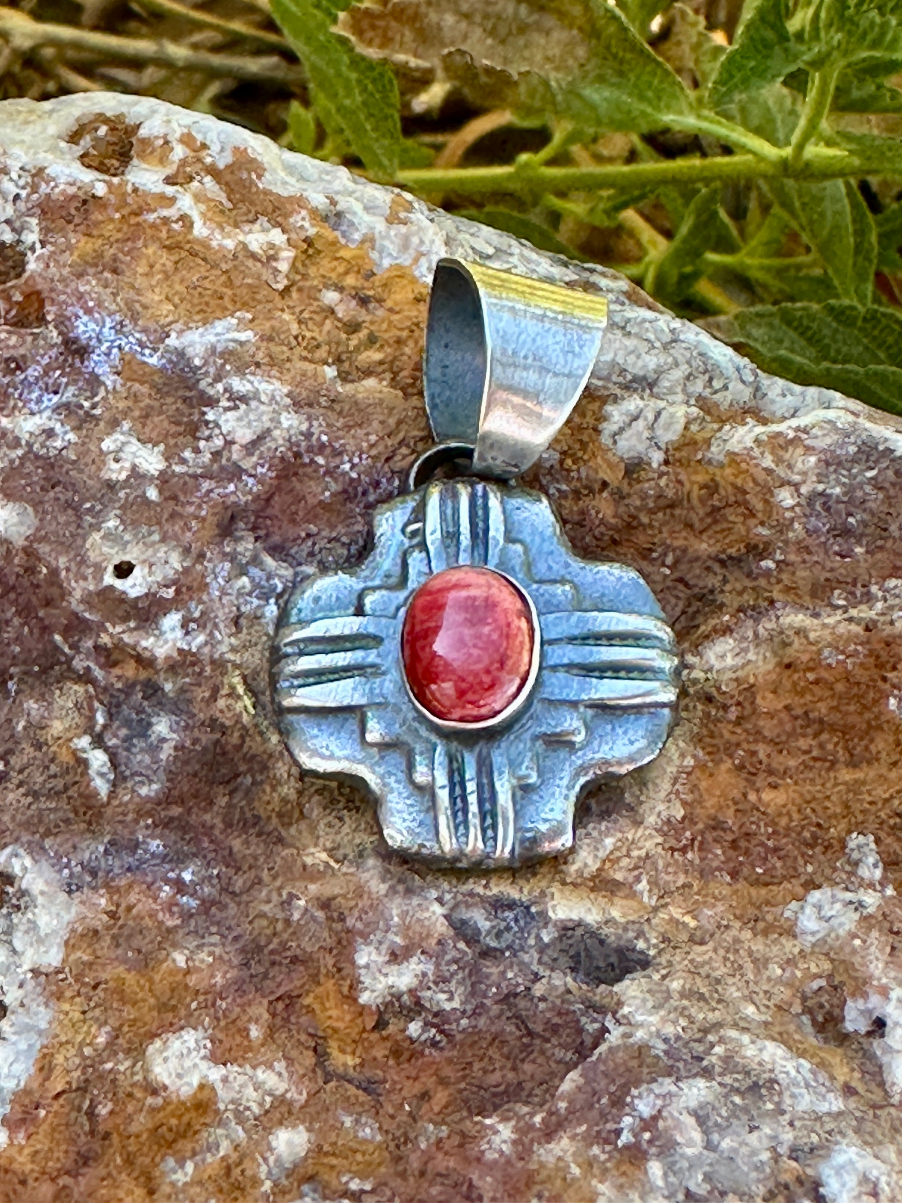 Navajo Sterling Silver Orange Spiny Zia Pendant By Chimney Butte