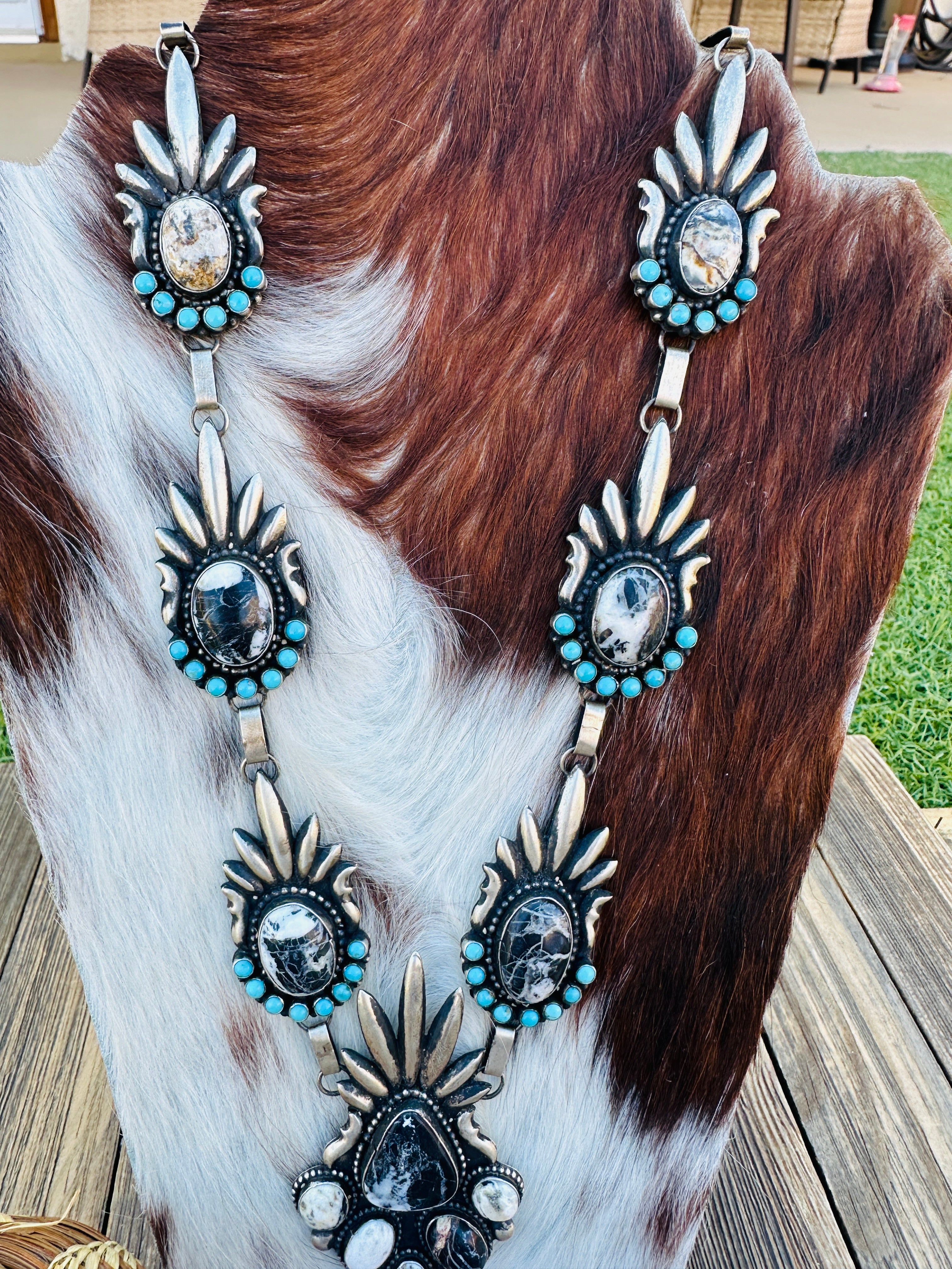 Handcrafted White Buffalo, Turquoise & Sterling Silver Necklace by Shawn Cayatineto