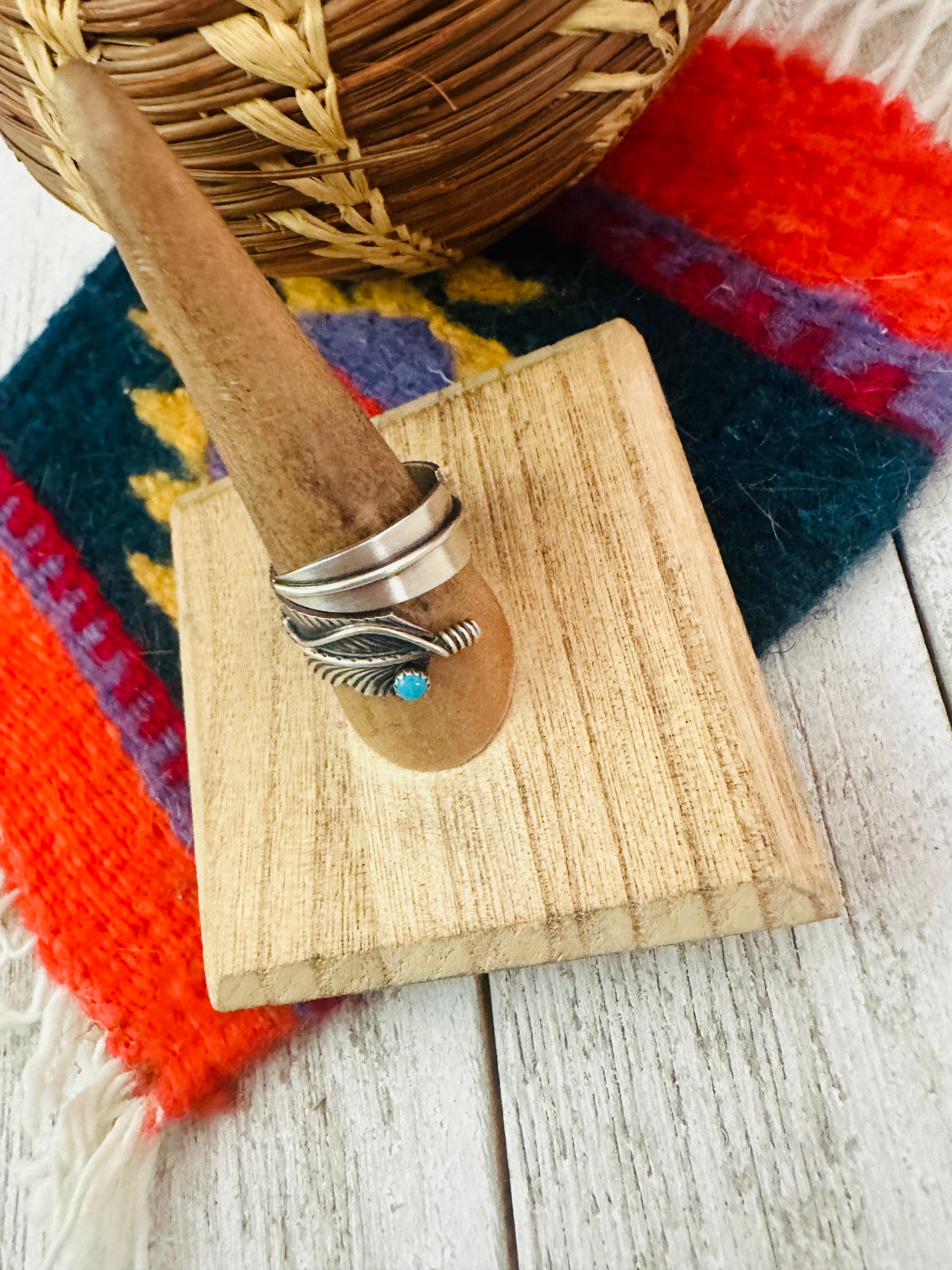 Navajo Sterling Silver & Turquoise Adjustable Feather Ring