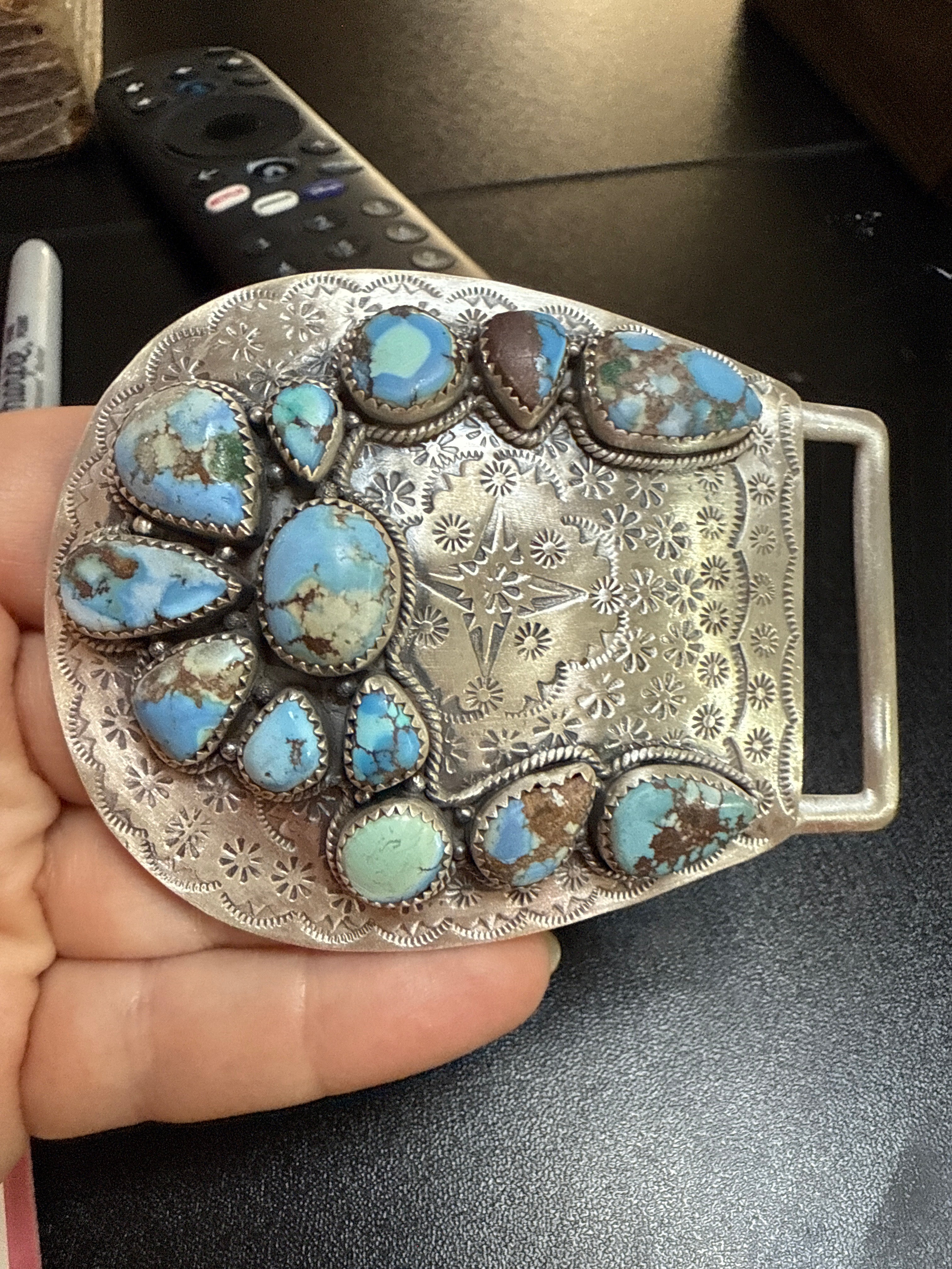 Handmade Sterling Silver Multi Stone Buckle with Signed Nizhoni