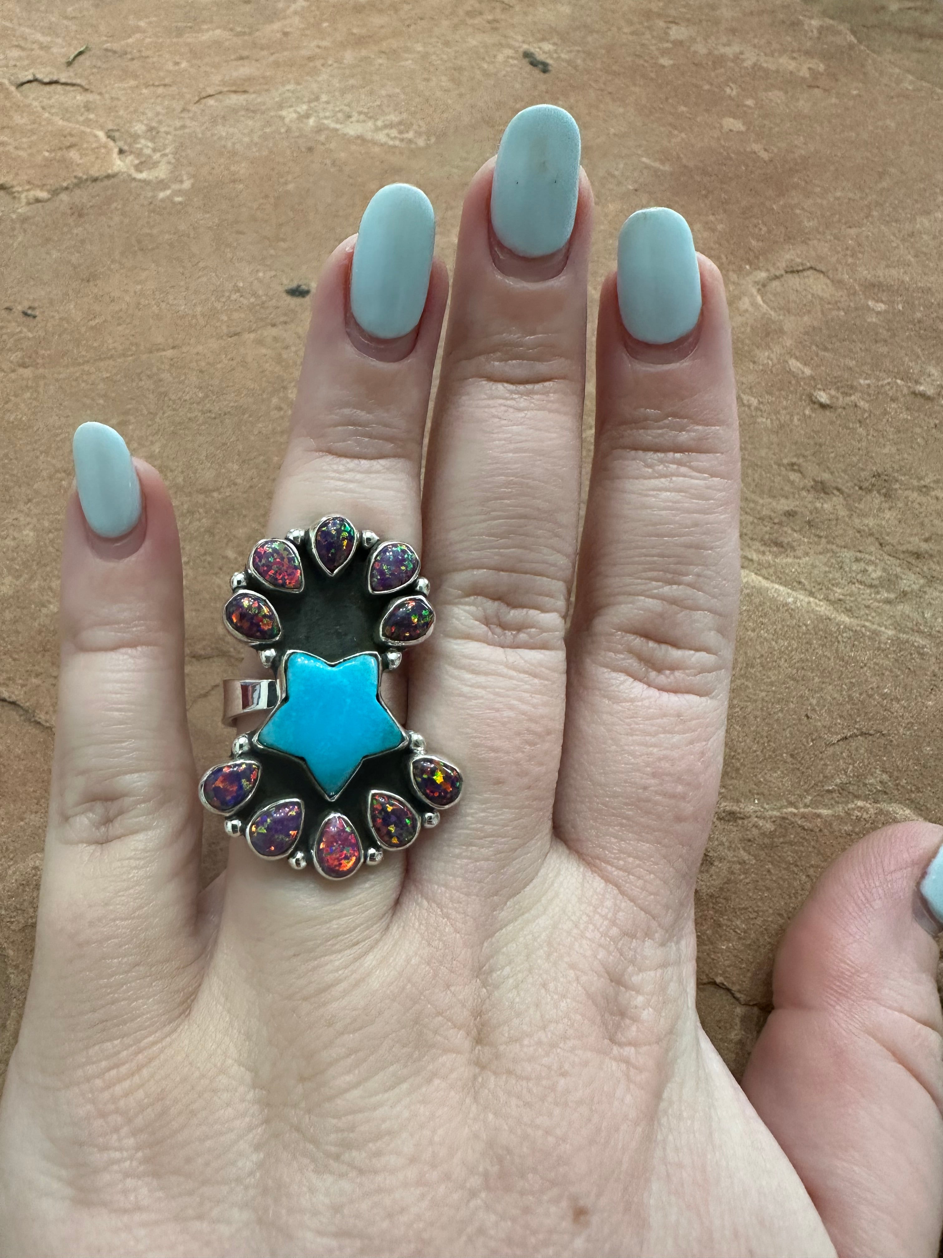 Beautiful Handmade Turquoise, Fire Opal And Sterling Silver Adjustable Star Ring