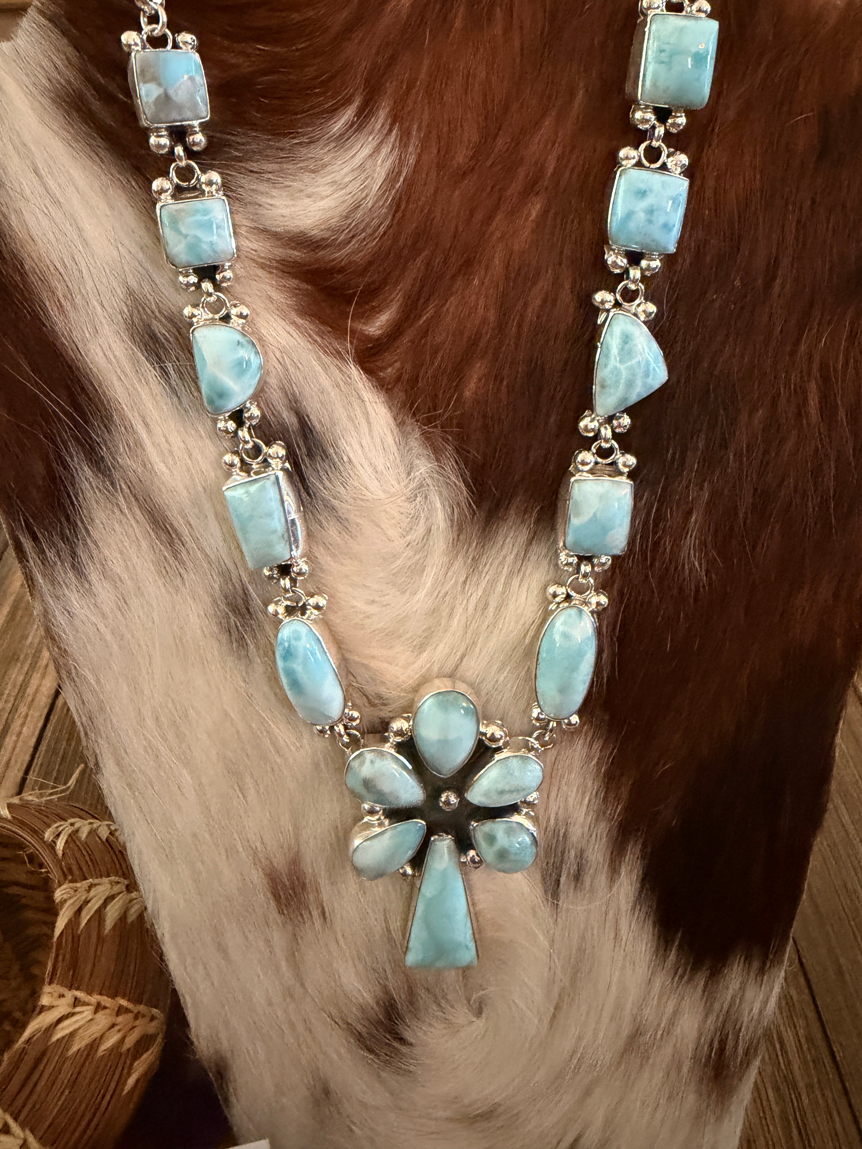 Handcrafted Larimar & Sterling Silver Necklace and Earring Set by Myra Benally