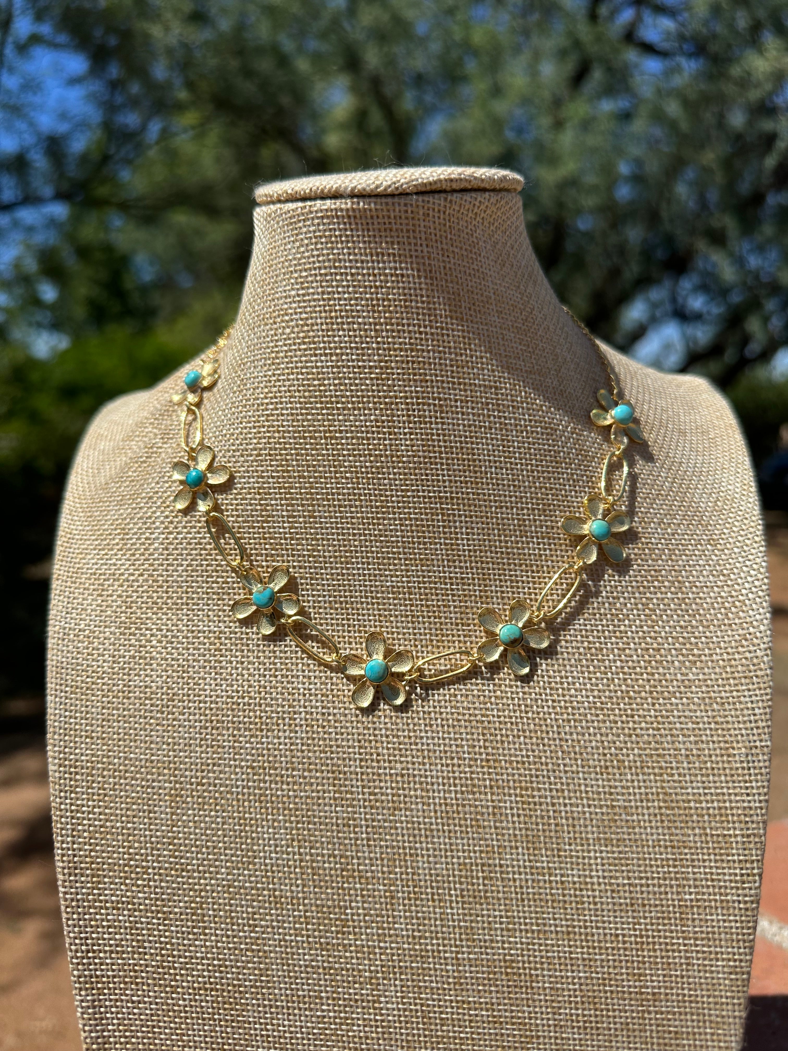 “The Golden Collection” Handmade Natural Turquoise Gold Plated Daisy Link Choker 14-18.5”