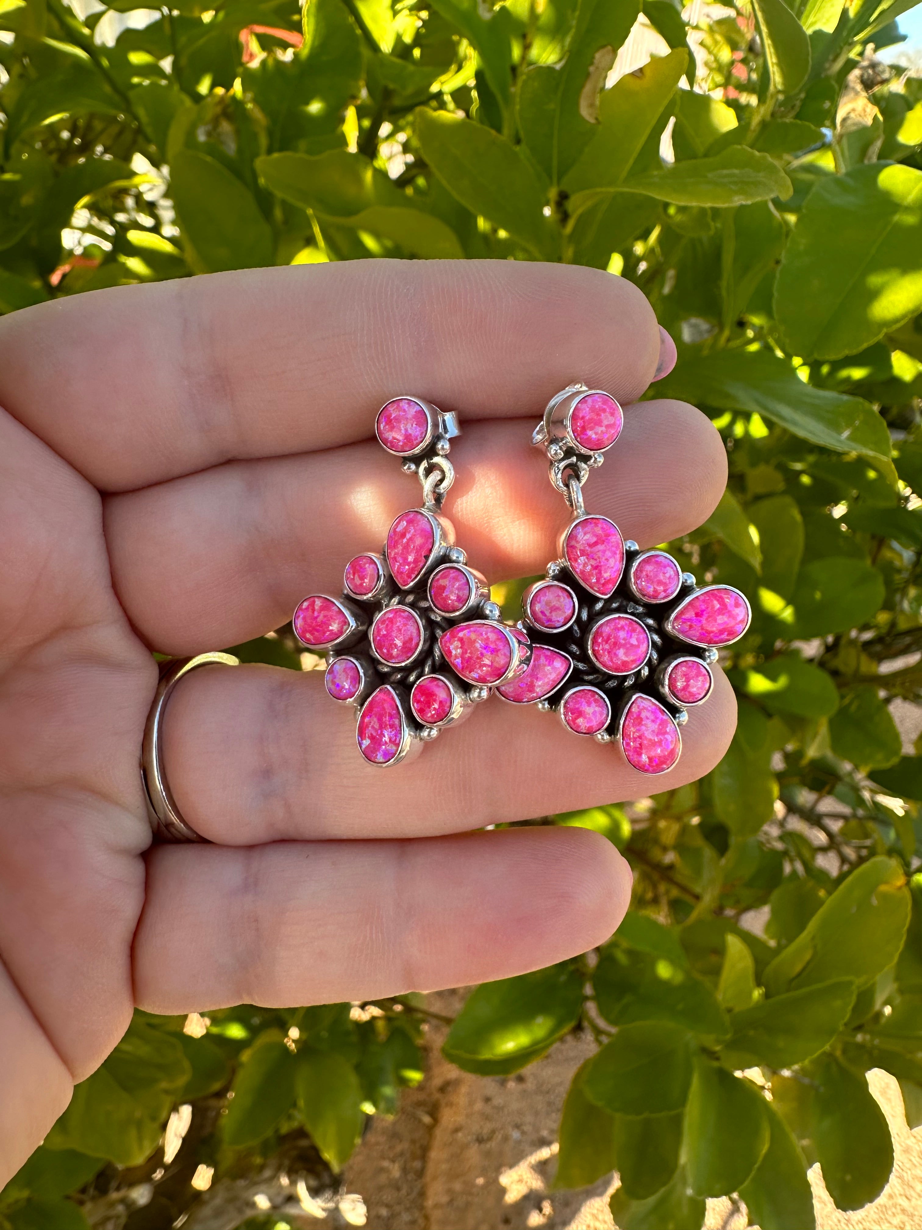 Handmade Fire Pink Opal and Sterling Silver Dangle Earrings