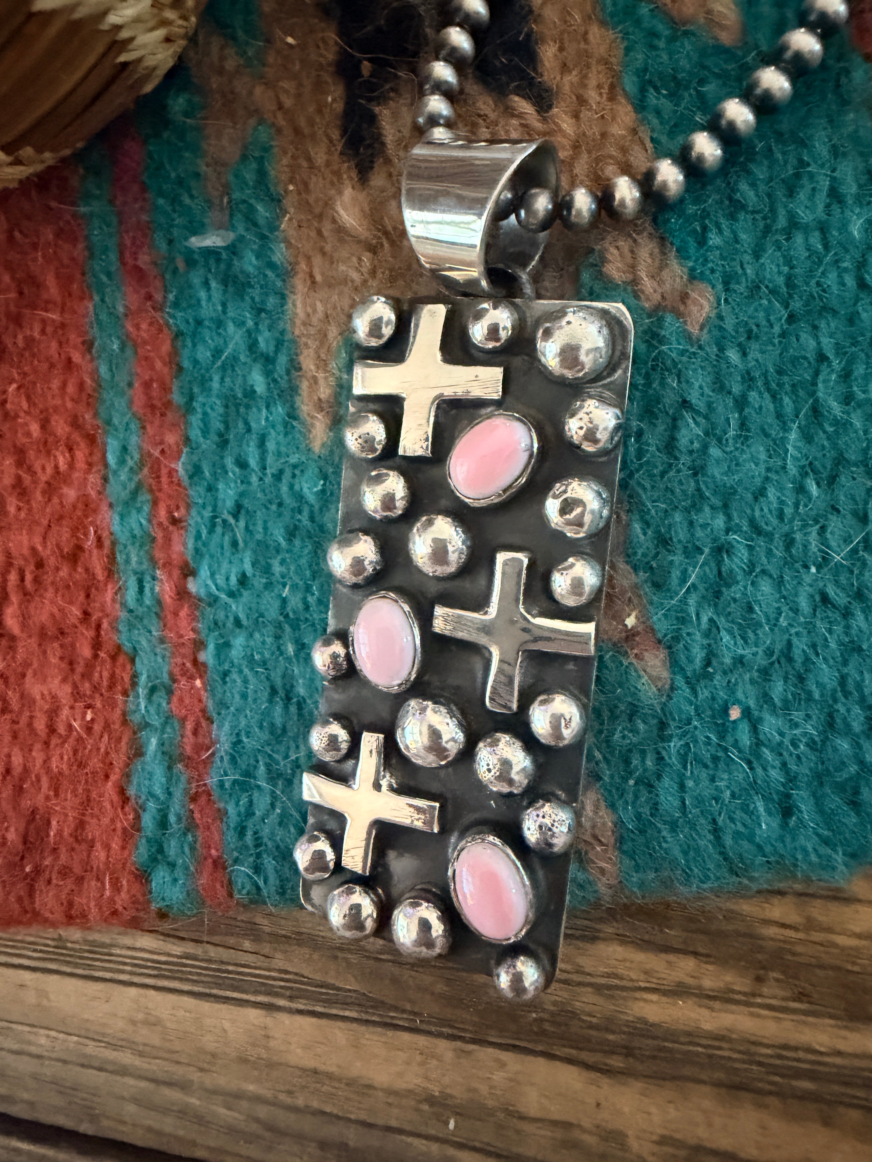 Handcrafted Sterling Silver & Queen Pink Conch Cross Pendant by Chimney Butte