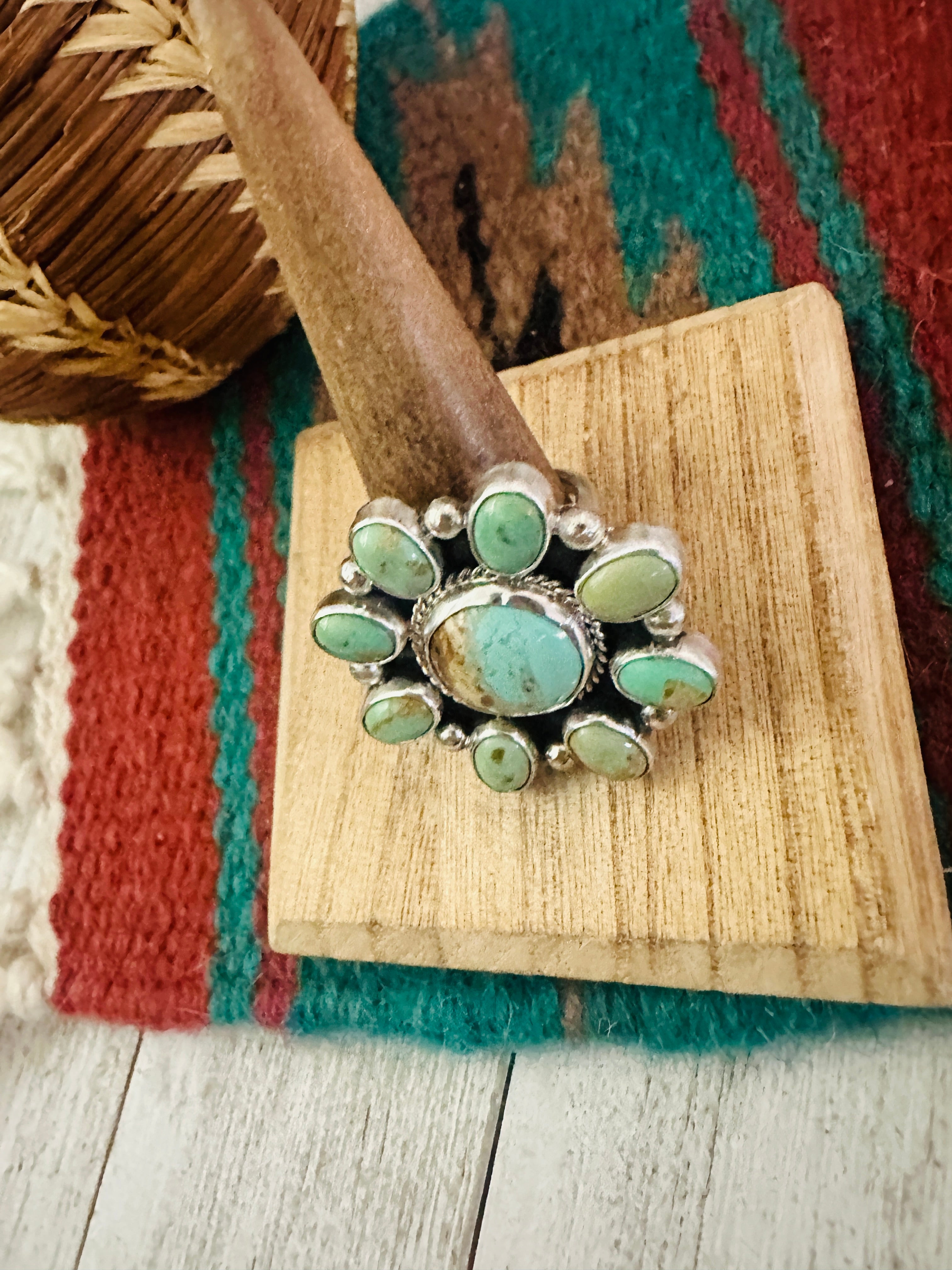 Navajo Sterling Silver & Turquoise Cluster Adjustable Ring