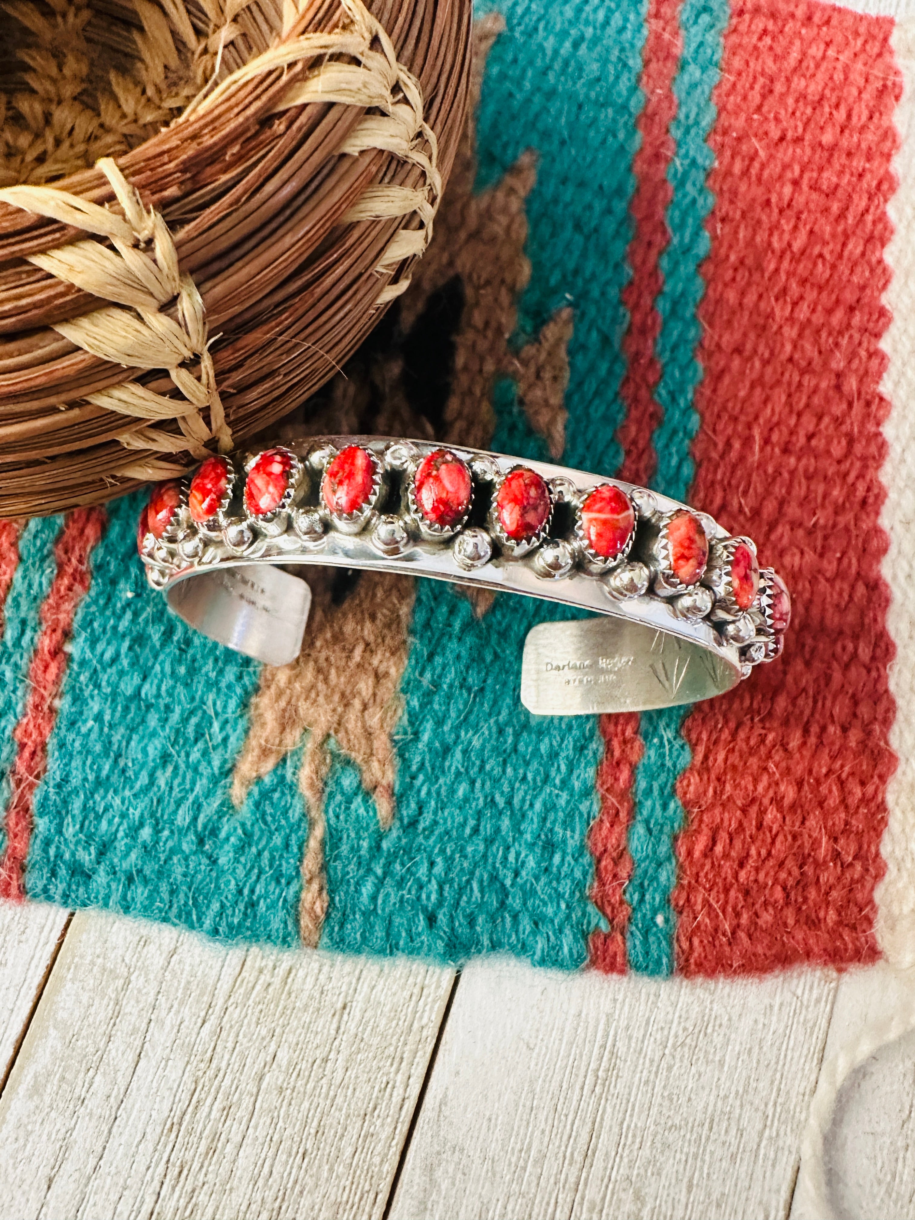 Navajo Red Spiny & Sterling Silver Cuff Bracelet by Darlene Begay