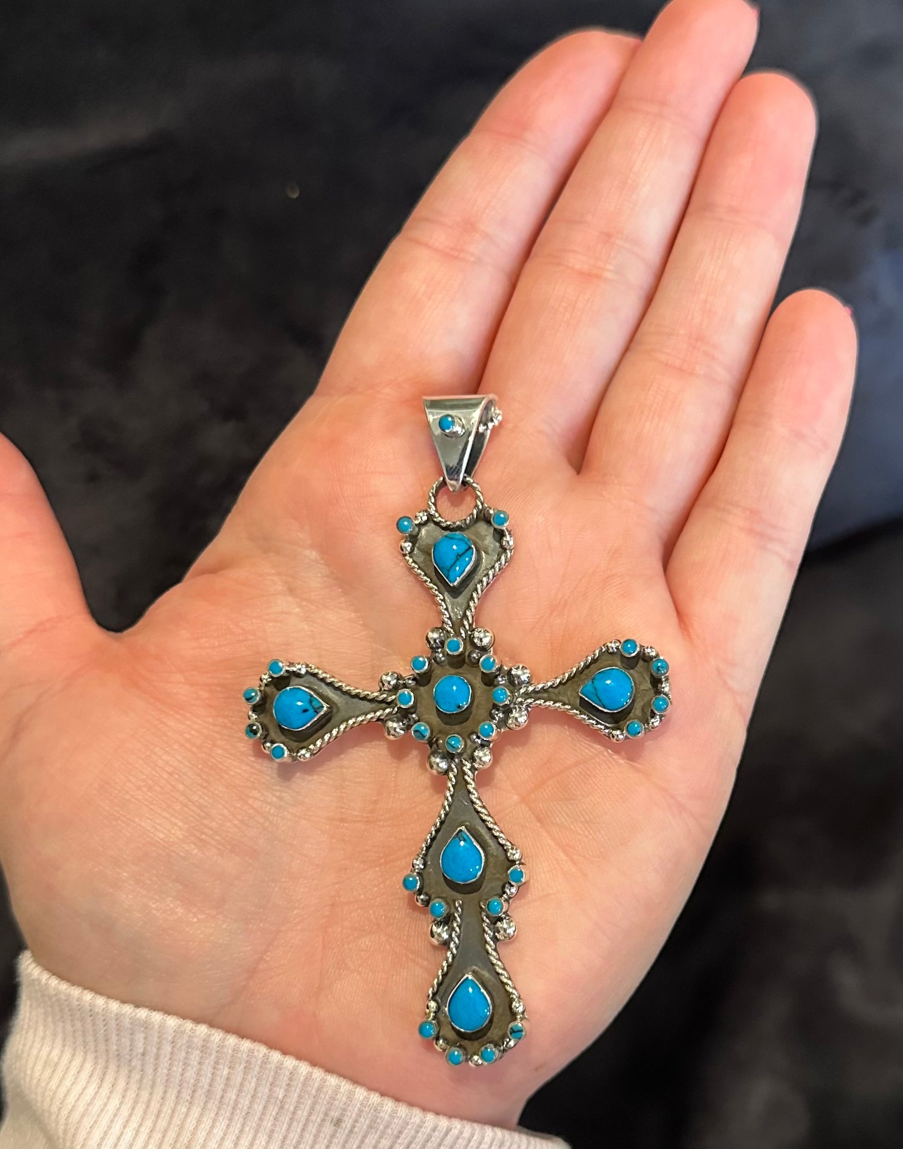 Oxidized Cross w/ dark turquoise Sterling Silver Necklace